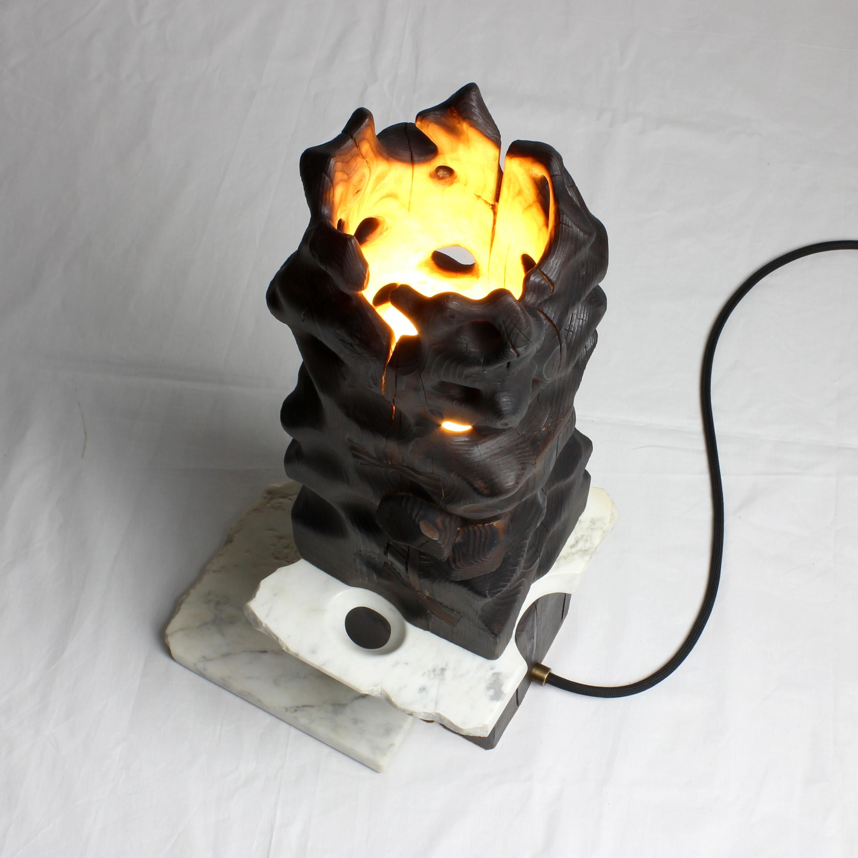 Volcano - Sculptured Lighting, Table Lamp from Reclaimed Burned Wood and Marble For Sale 1