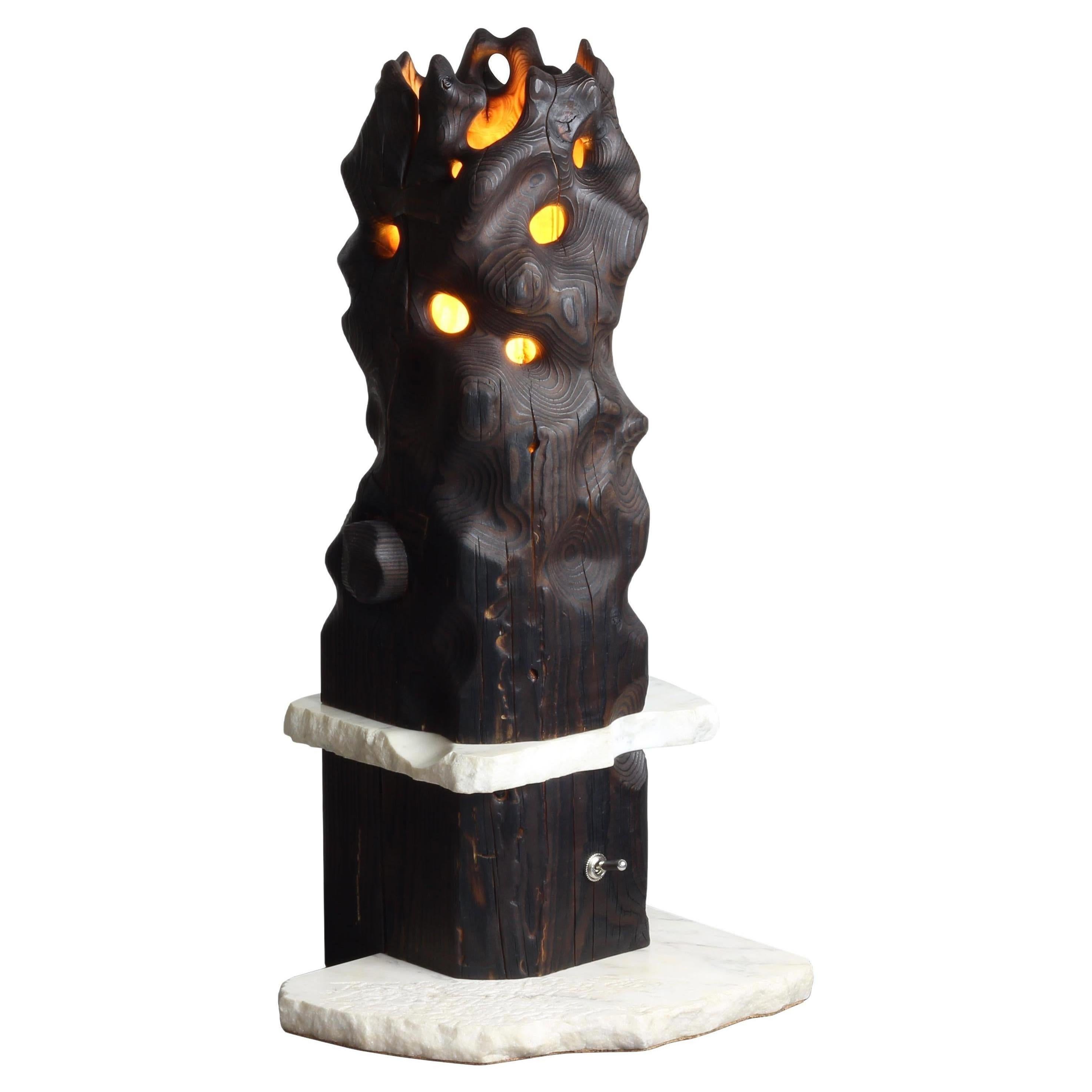 Volcano - Sculptured Lighting, Table Lamp from Reclaimed Burned Wood and Marble For Sale