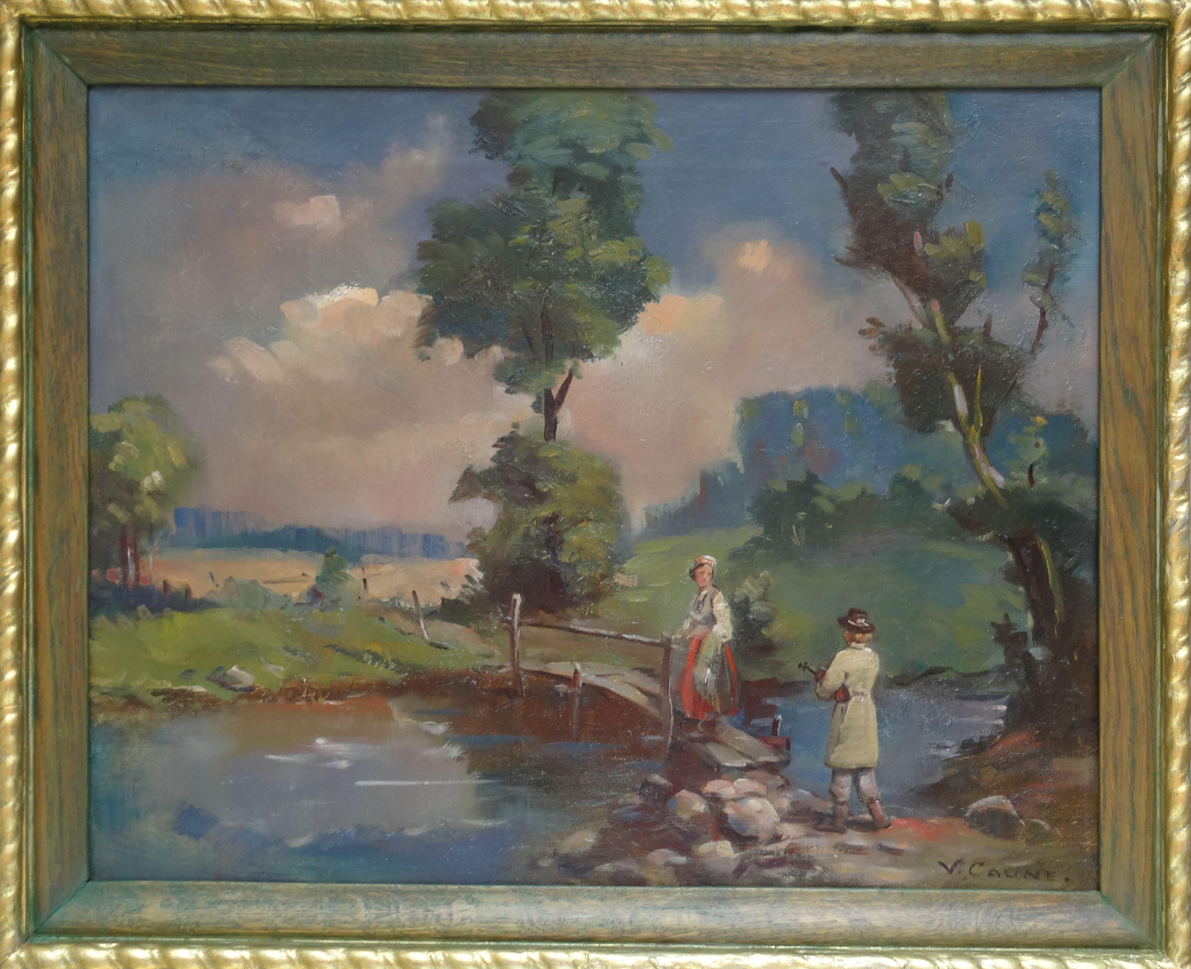 Cuento popular. 1960. Lienzo, óleo, 39x49 cm - Figurative Painting Gris de Voldemars Caune 