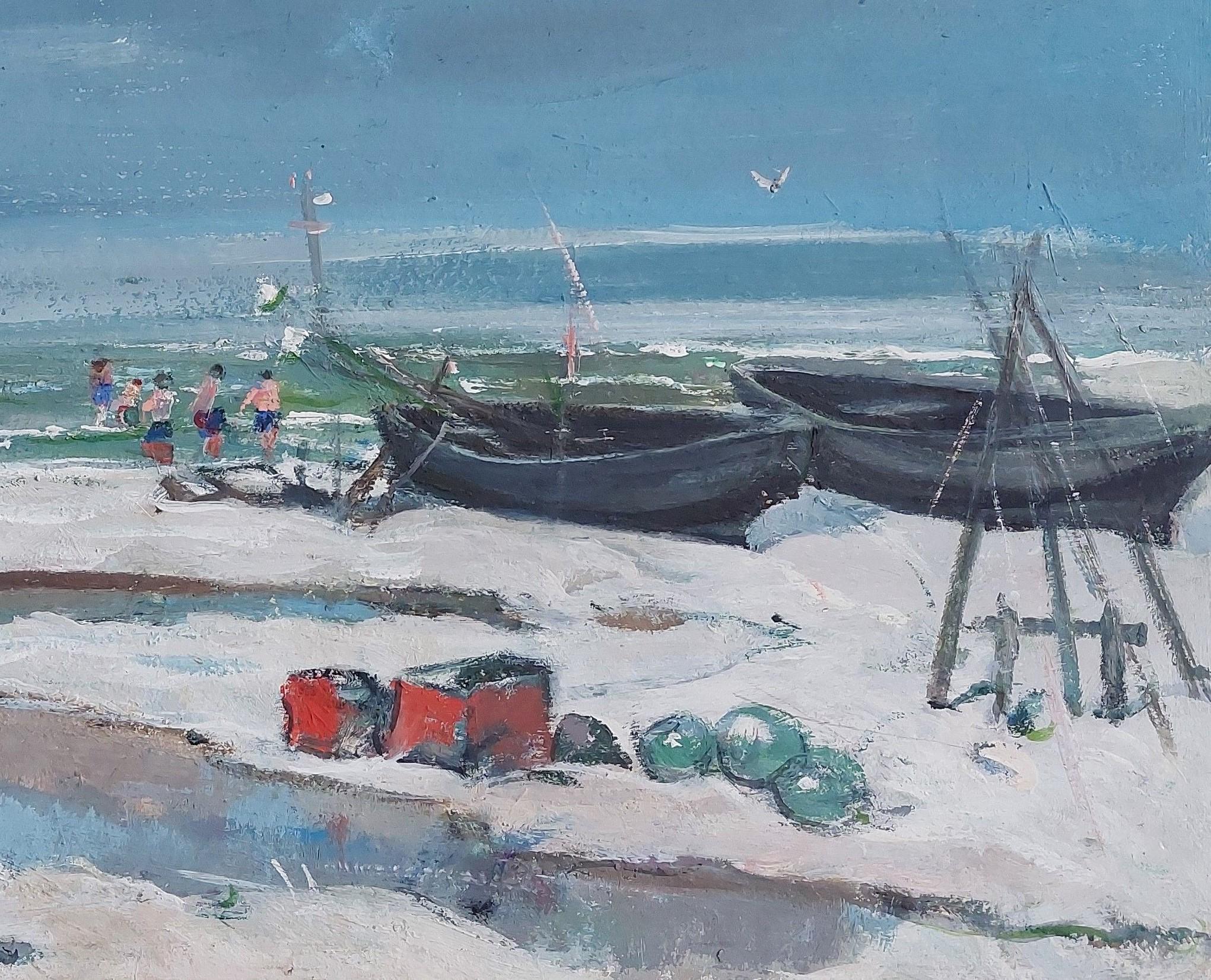 Sulla spiaggia. 1976. Cartone / media misti. 50x59cm - Landscape Painting Blu di Voldemars Milgravis