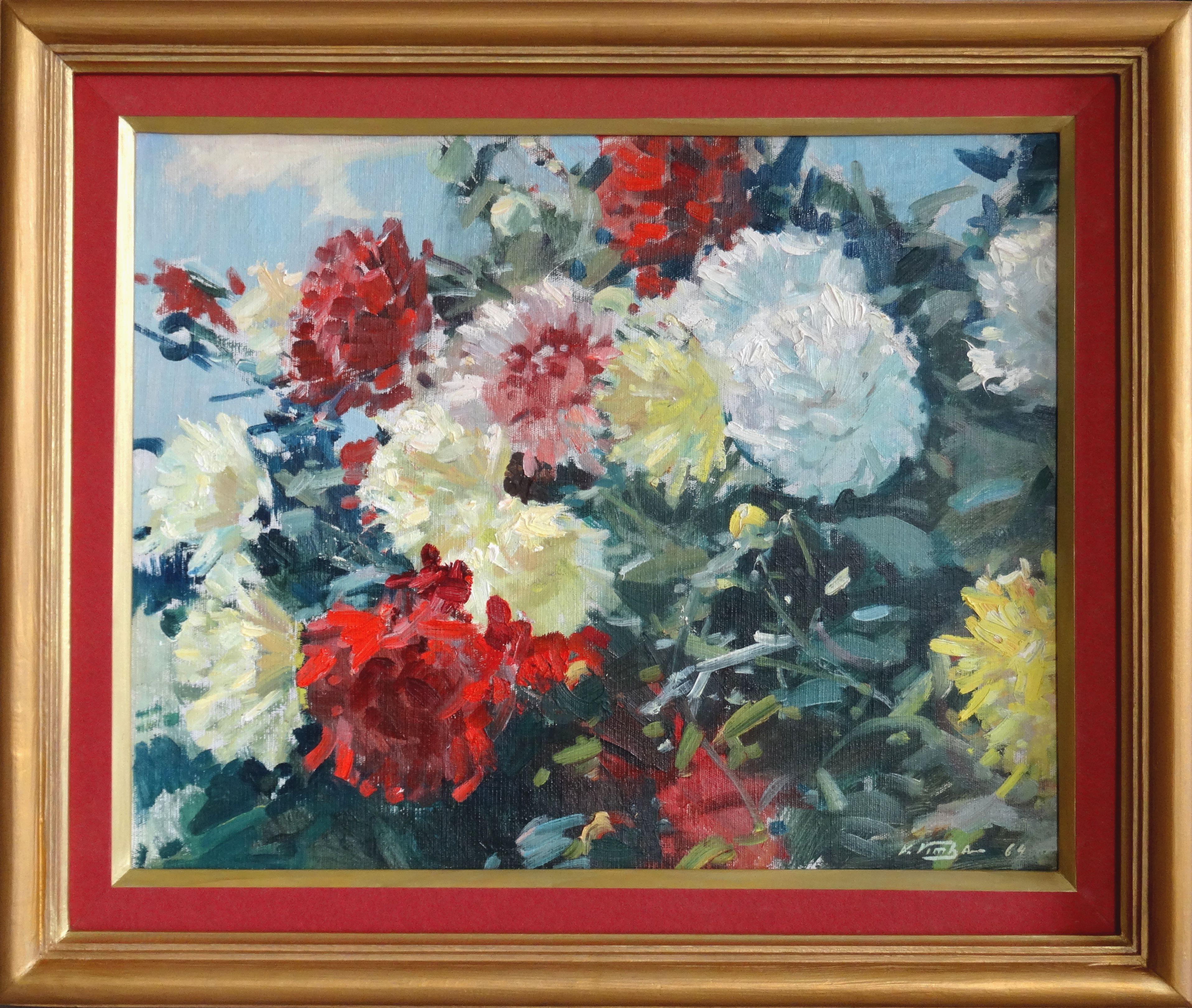 The flowers. Colorful Asters. 1964. Oil on canvas, board, 46x58 cm - Painting by Voldemars Vimba