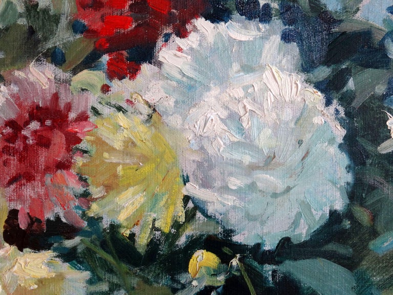 The flowers. Colorful Asters. 1964. Oil on canvas, board, 46x58 cm  - Gray Still-Life Painting by Voldemars Vimba