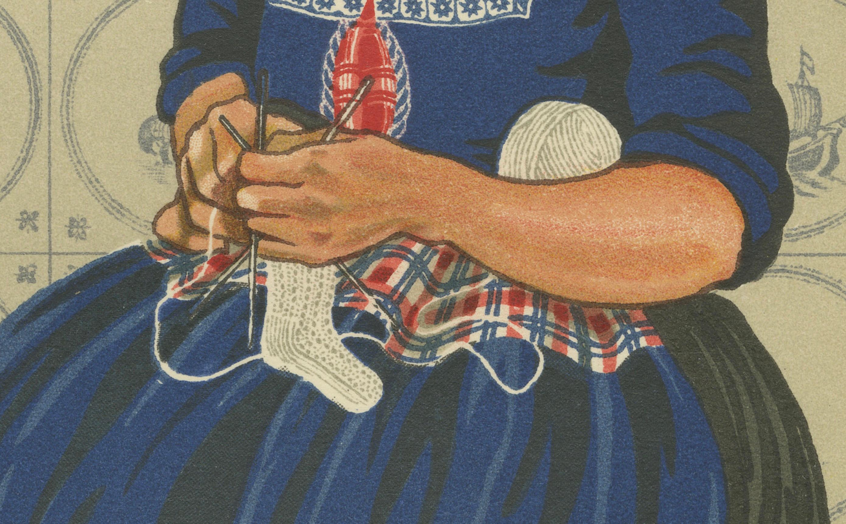 Femmes et enfants de Volendam en habits traditionnels et de tous les jours, c.1900

Charmante lithographie originale de 1932 tirée de *The National Costumes of Holland* représentant une ouvrière, une tricoteuse âgée et une jeune fille dans le