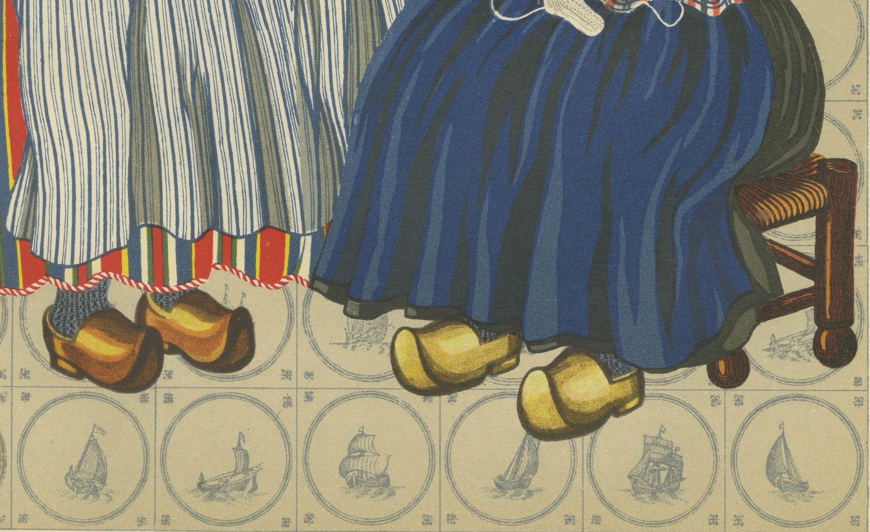 Volendam Femmes et Child en travail traditionnel et en tenue de tous les jours, lithographie 1932 Bon état - En vente à Langweer, NL