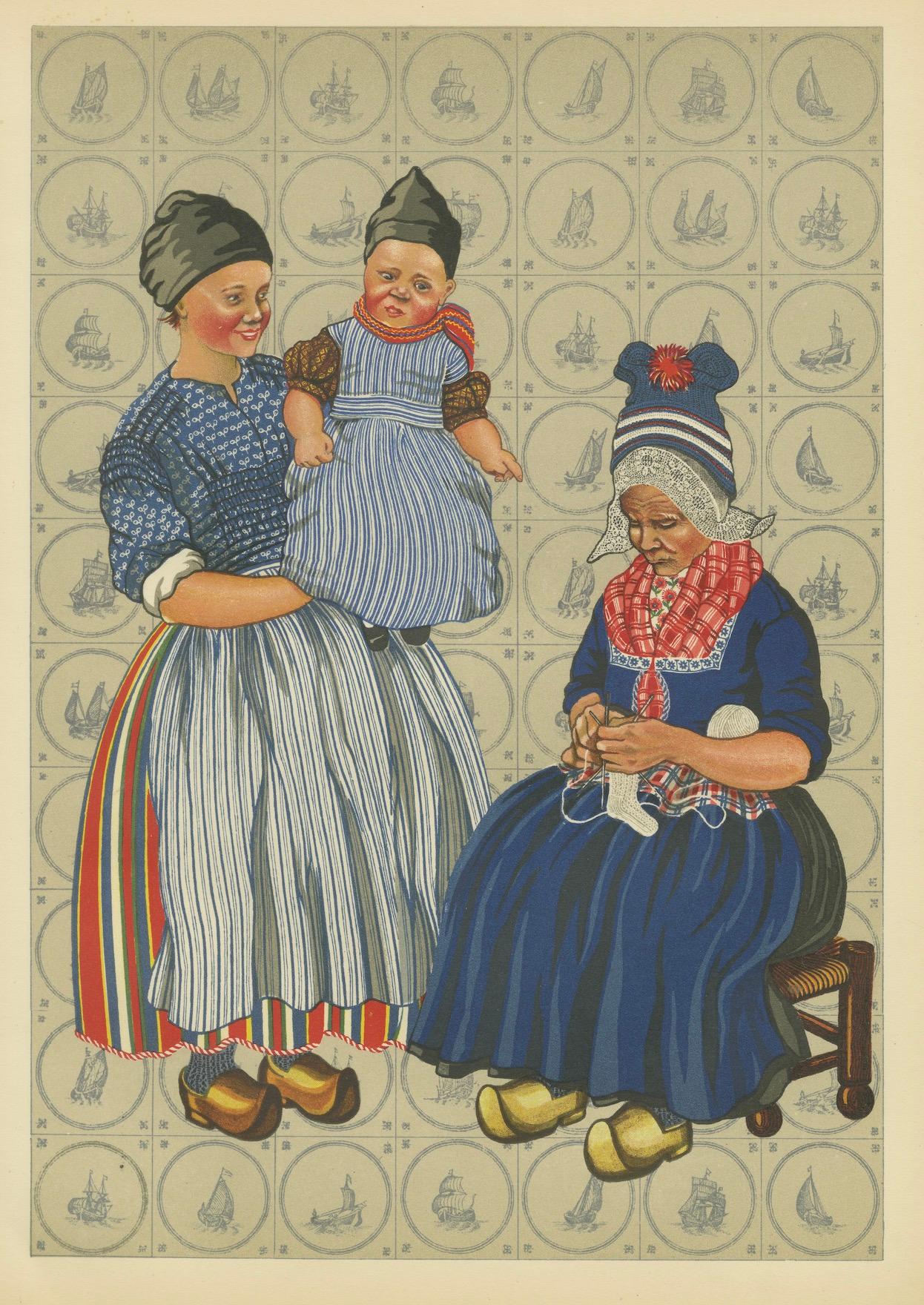 Volendam Femmes et Child en travail traditionnel et en tenue de tous les jours, lithographie 1932 en vente 1