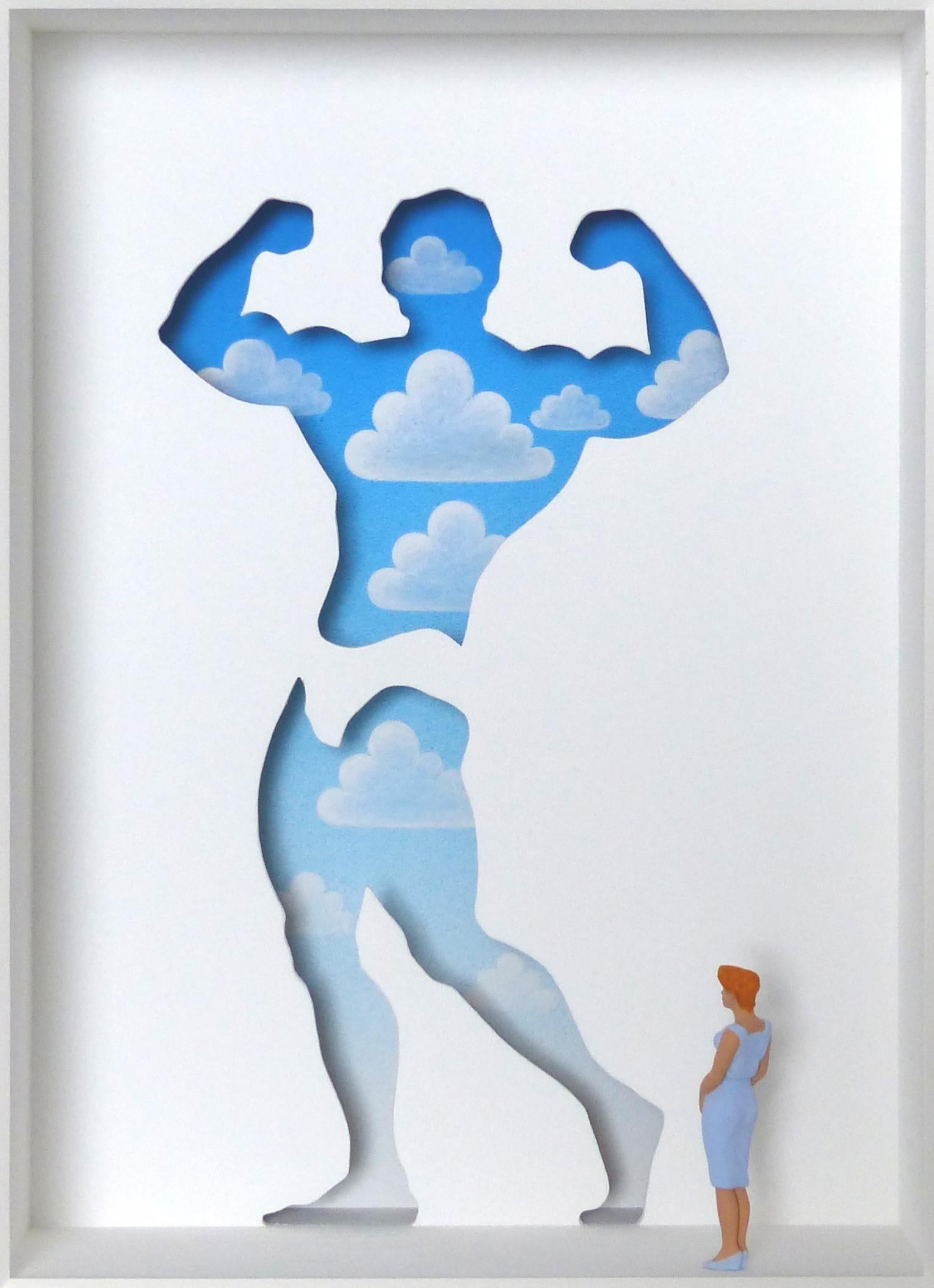 "Fatamorgana - Homage to Rene Magritte" is an original mixed media artwork by Volker Kuhn. The work is hand-signed by the artist below the artwork on the mat. 53 x 43 cm framed in a silver wood-framing with simple hanging mechanism on back.  Stamp