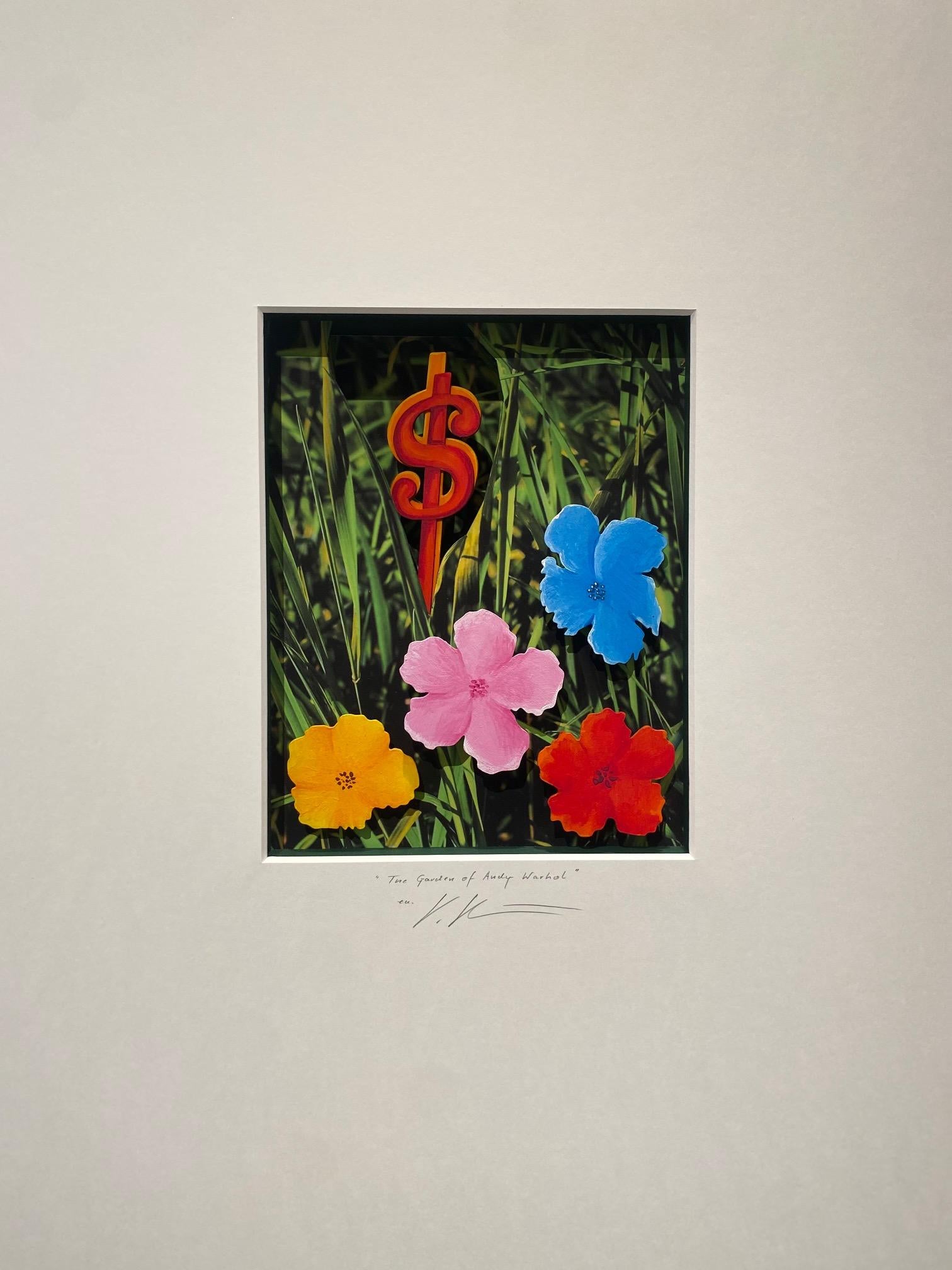"Garden of Andy Warhol" is an original mixed media artwork by Volker Kuhn. The work is hand-signed and numbered by the artist below the artwork on the mat. It is a witty reference to the art of Andy Warhol formed as a hand-made assemblage carved out