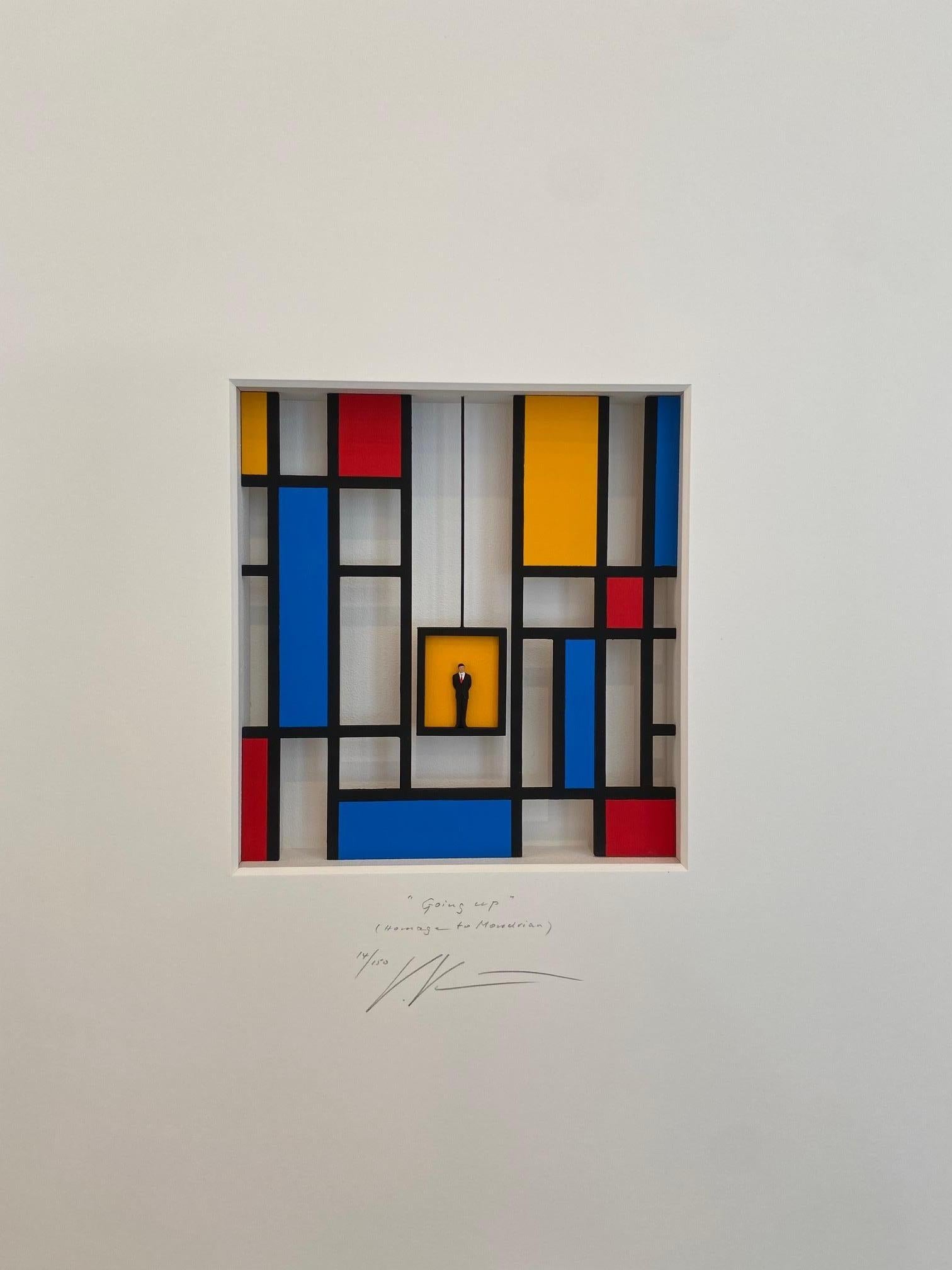 Homage to Mondrian - Going Up - zeitgenössische Kunstwerke, Design- Hommage an den niederländischen Meister – Mixed Media Art von Volker Kuhn