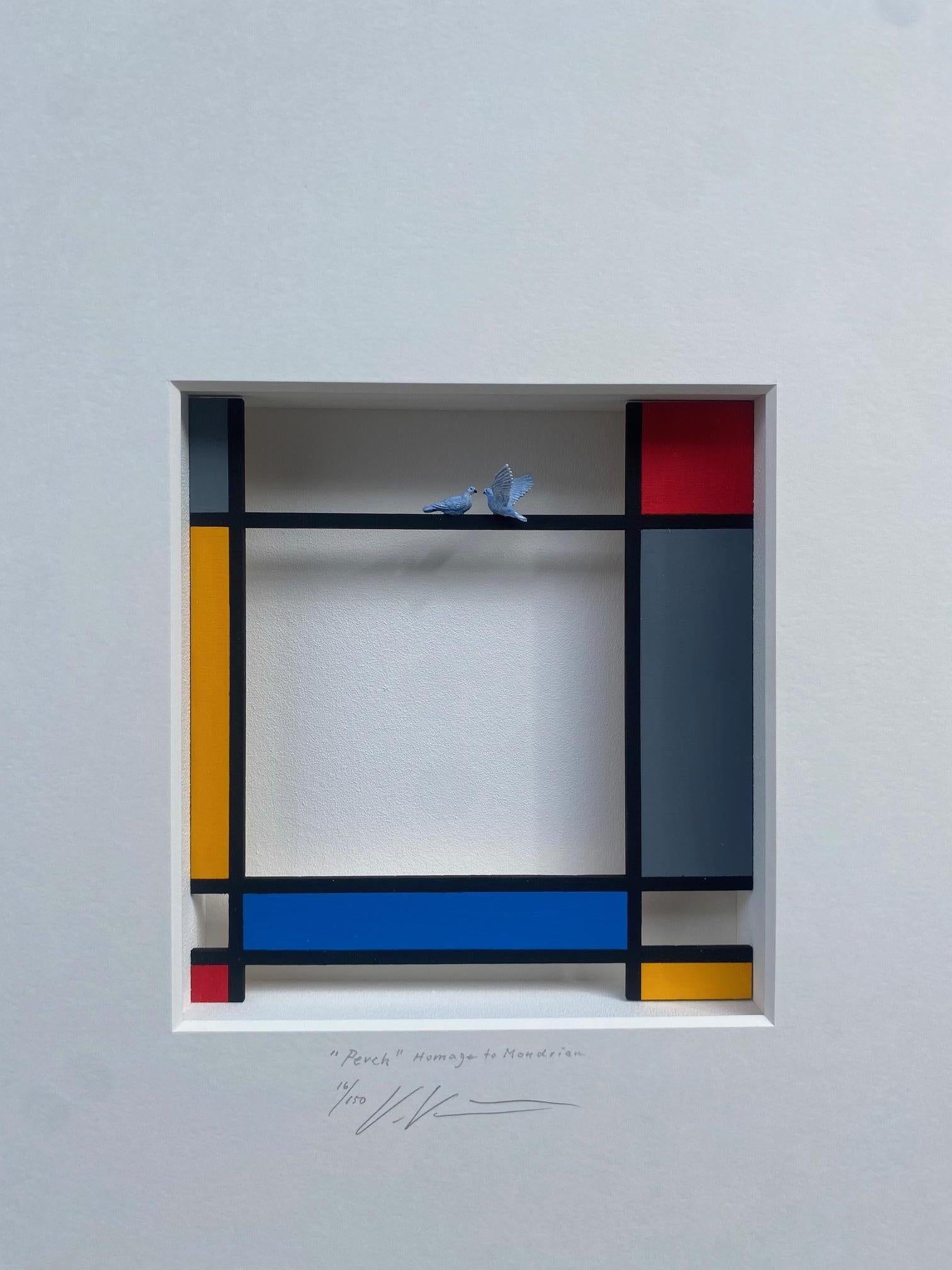 Hommage an Mondrian - Perch - zeitgenössisches Kunstwerk, Design Hommage an den niederländischen Meister (Assemblage), Mixed Media Art, von Volker Kuhn