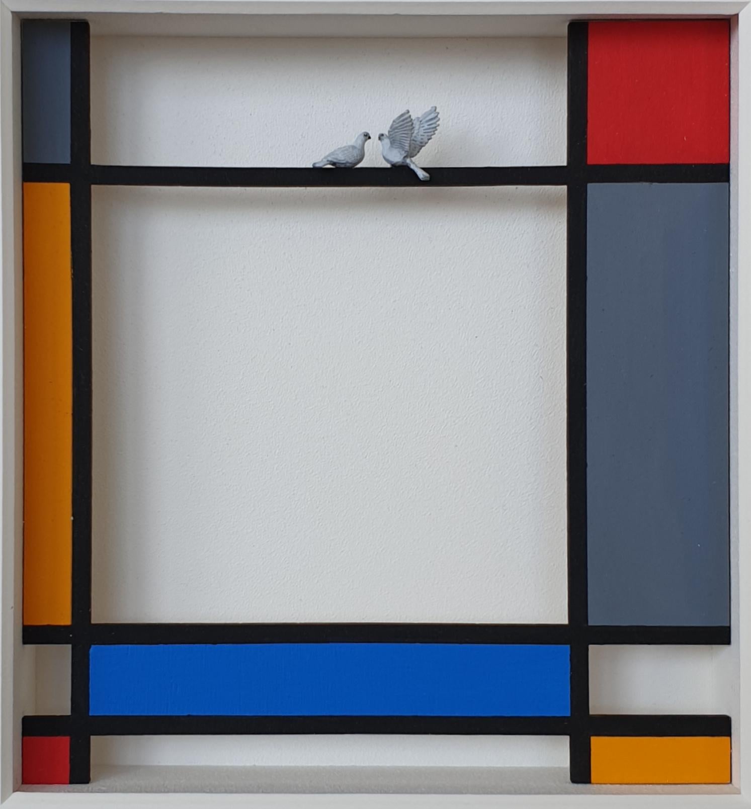 Hommage an Mondrian - Perch - zeitgenössisches Kunstwerk, Design Hommage an den niederländischen Meister – Mixed Media Art von Volker Kuhn