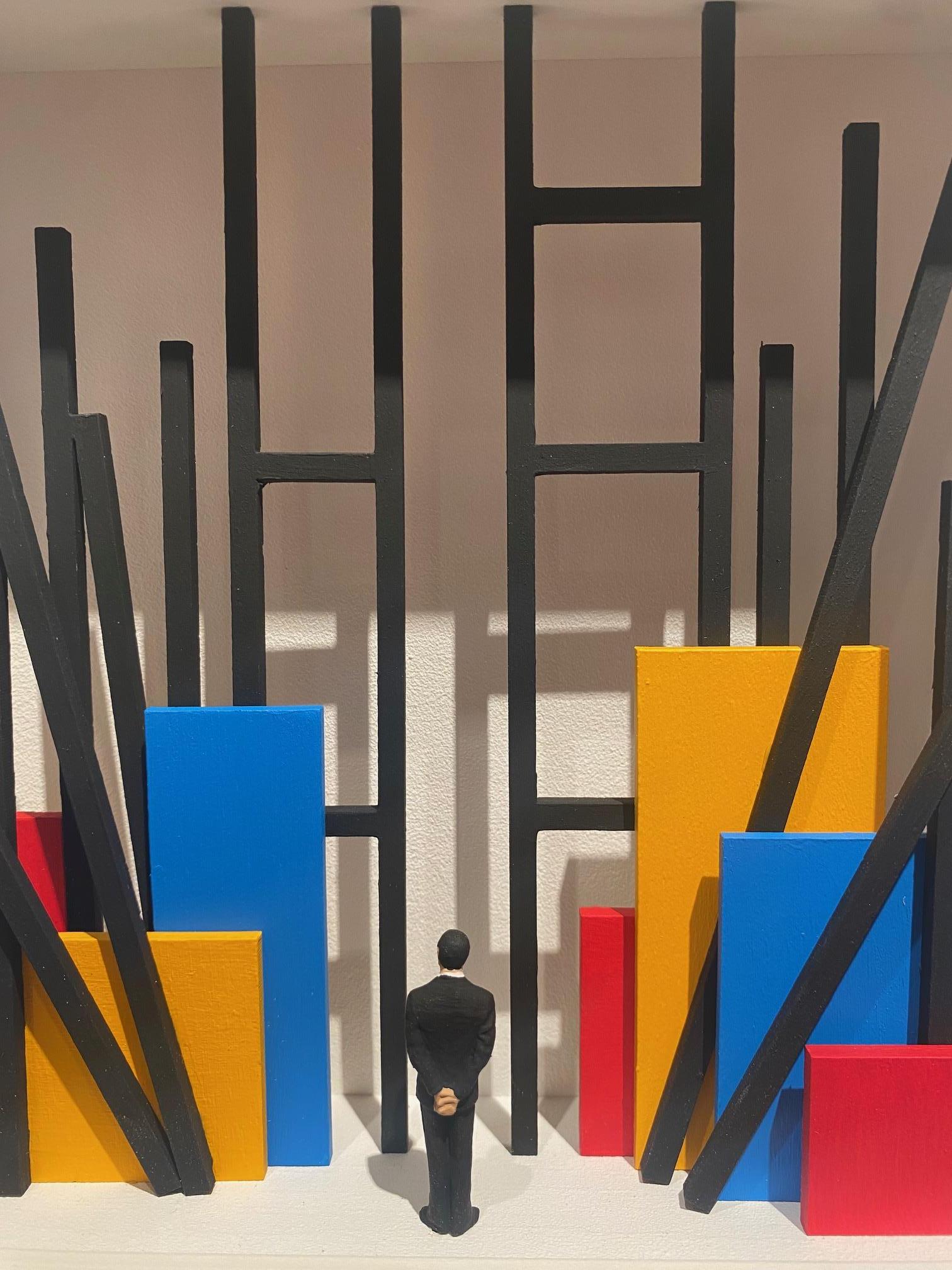 Hommage an Mondrian - The Construction - zeitgenössische Kunst zu Ehren des niederländischen Meisters (Assemblage), Mixed Media Art, von Volker Kuhn