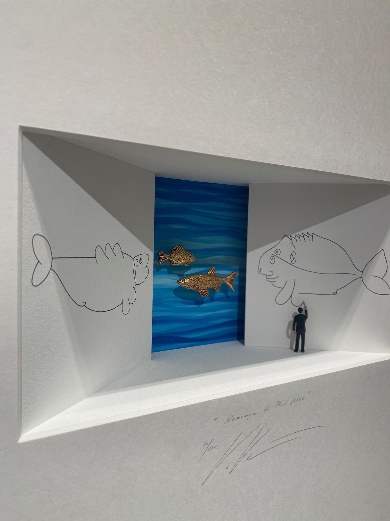 Homage to Paul Klee - contemporary artwork by Volker Kuhn art in boxes Klee fish For Sale 1