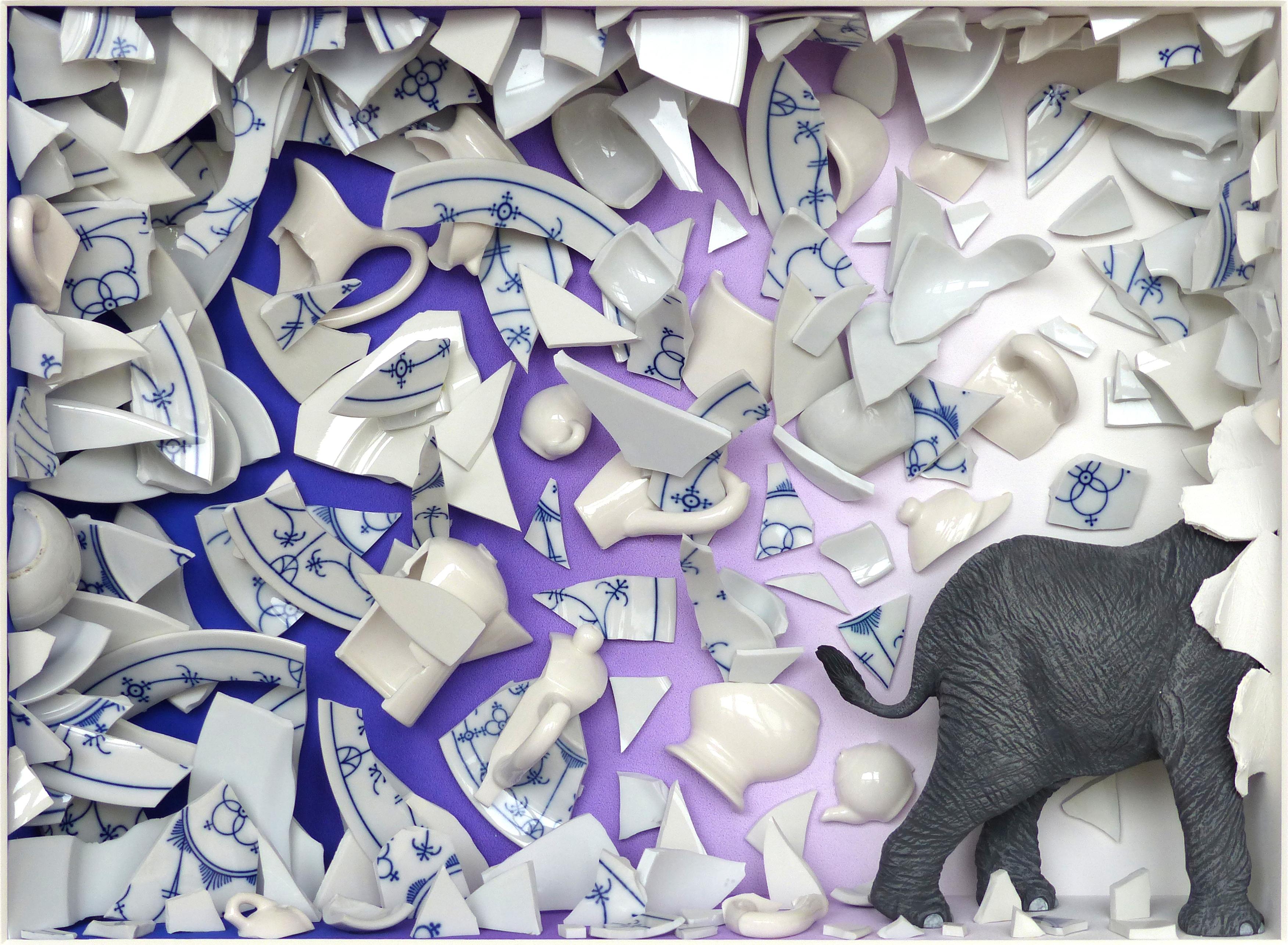 Homage to Schnabel - contemporary art work Elephant in Porcelain Shop  - Mixed Media Art by Volker Kuhn