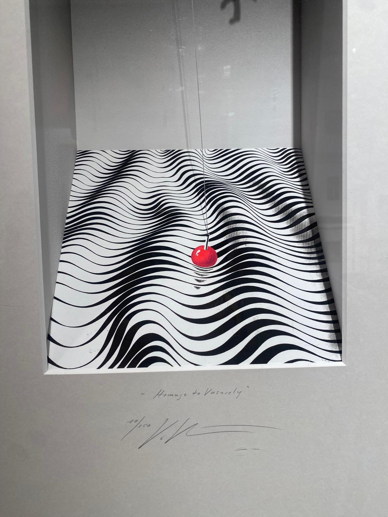 Omaggio a Vasareli-opera d'arte contemporanea tributo al Maestro della Op-Art che pesca - Mixed Media Art Assemblage di Volker Kuhn