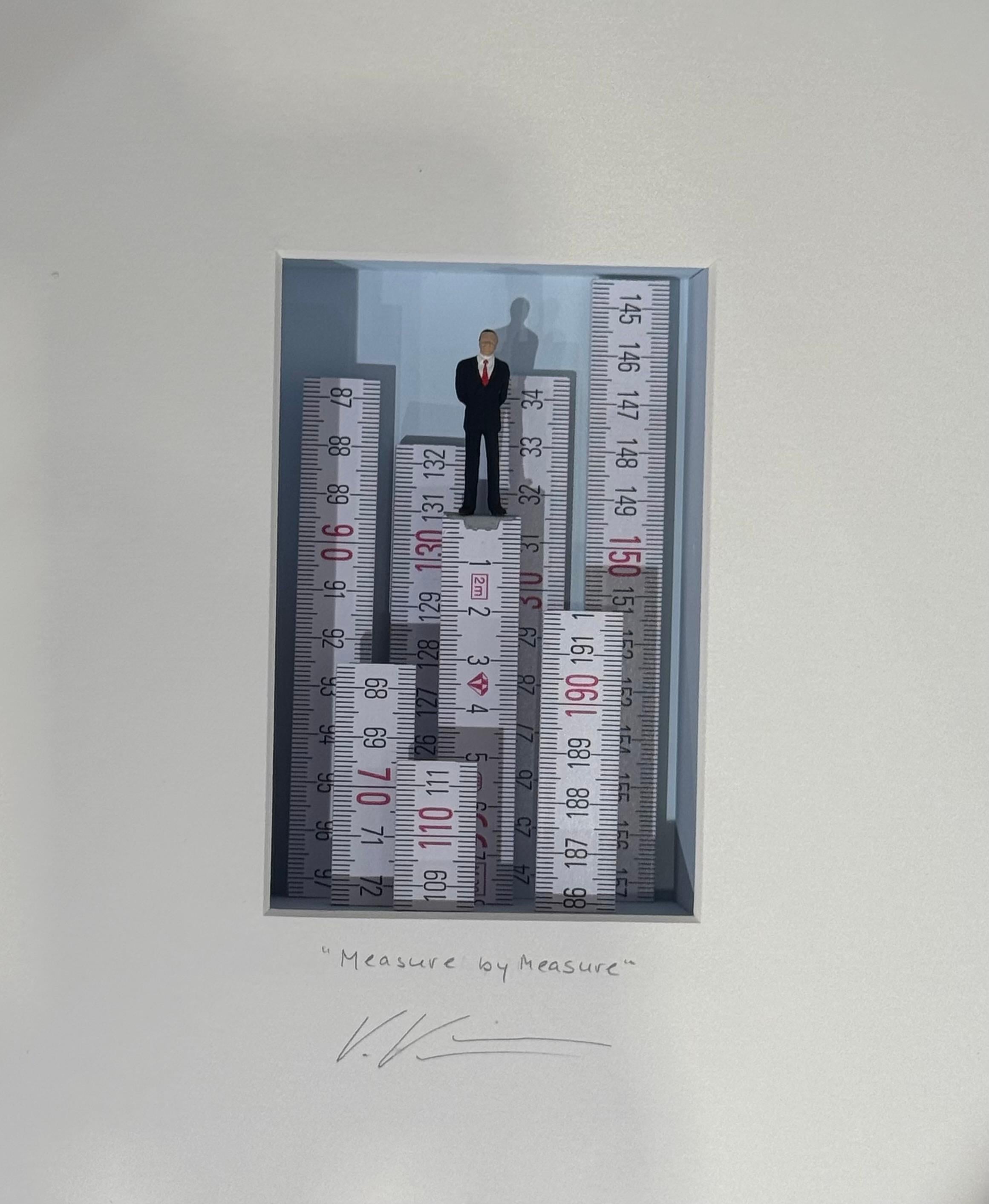 "Measure by Measure" is an original mixed media artwork by Volker Kuhn. A golden elephant hording gemstones. The work is hand-signed by the artist below the artwork on the mat. It is a funny minimalist work formed as a hand-made assemblage carved