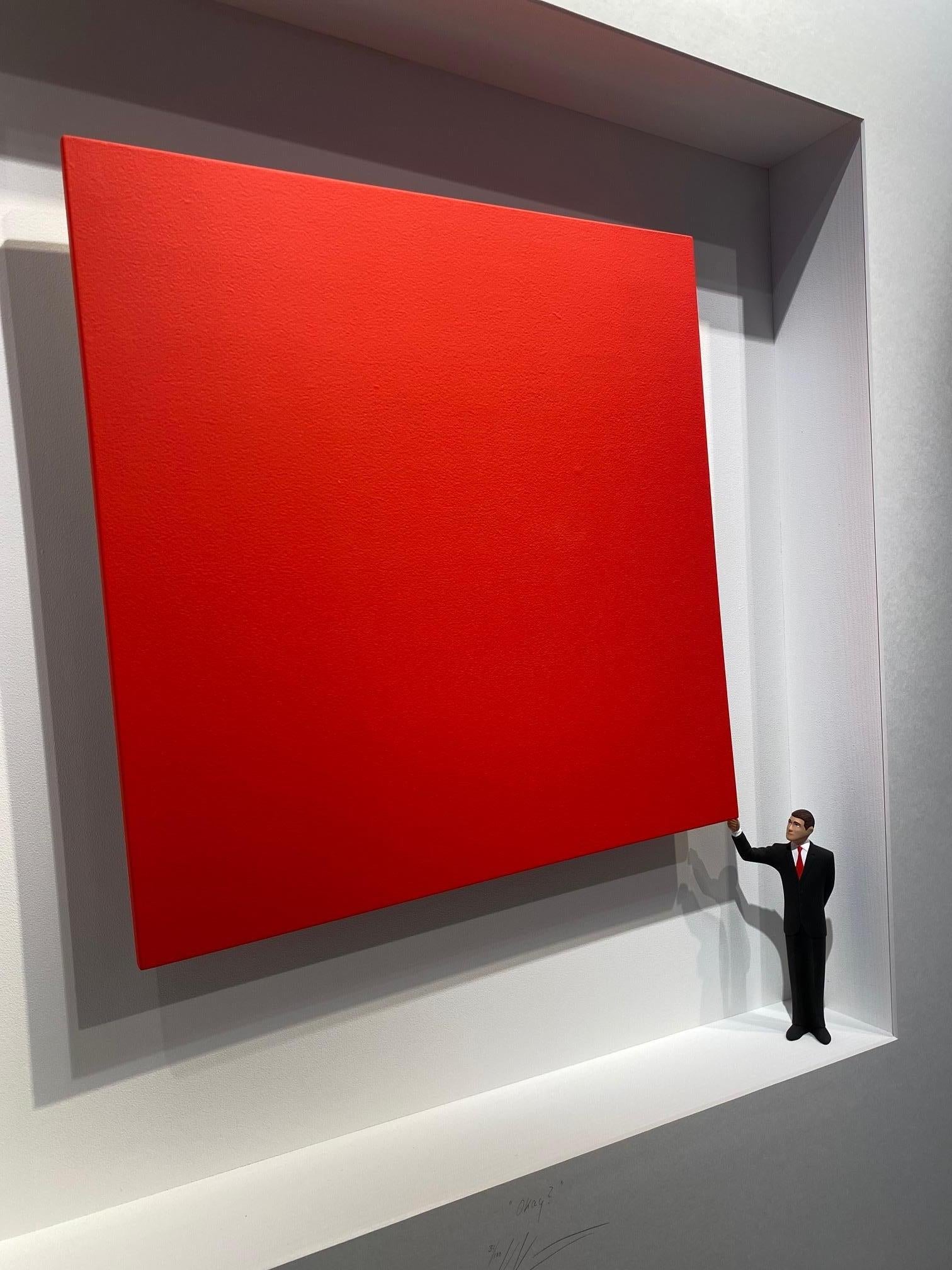 Okay? - mixed media art work, contemporary, minimalist red square constructivist - Assemblage Mixed Media Art by Volker Kuhn