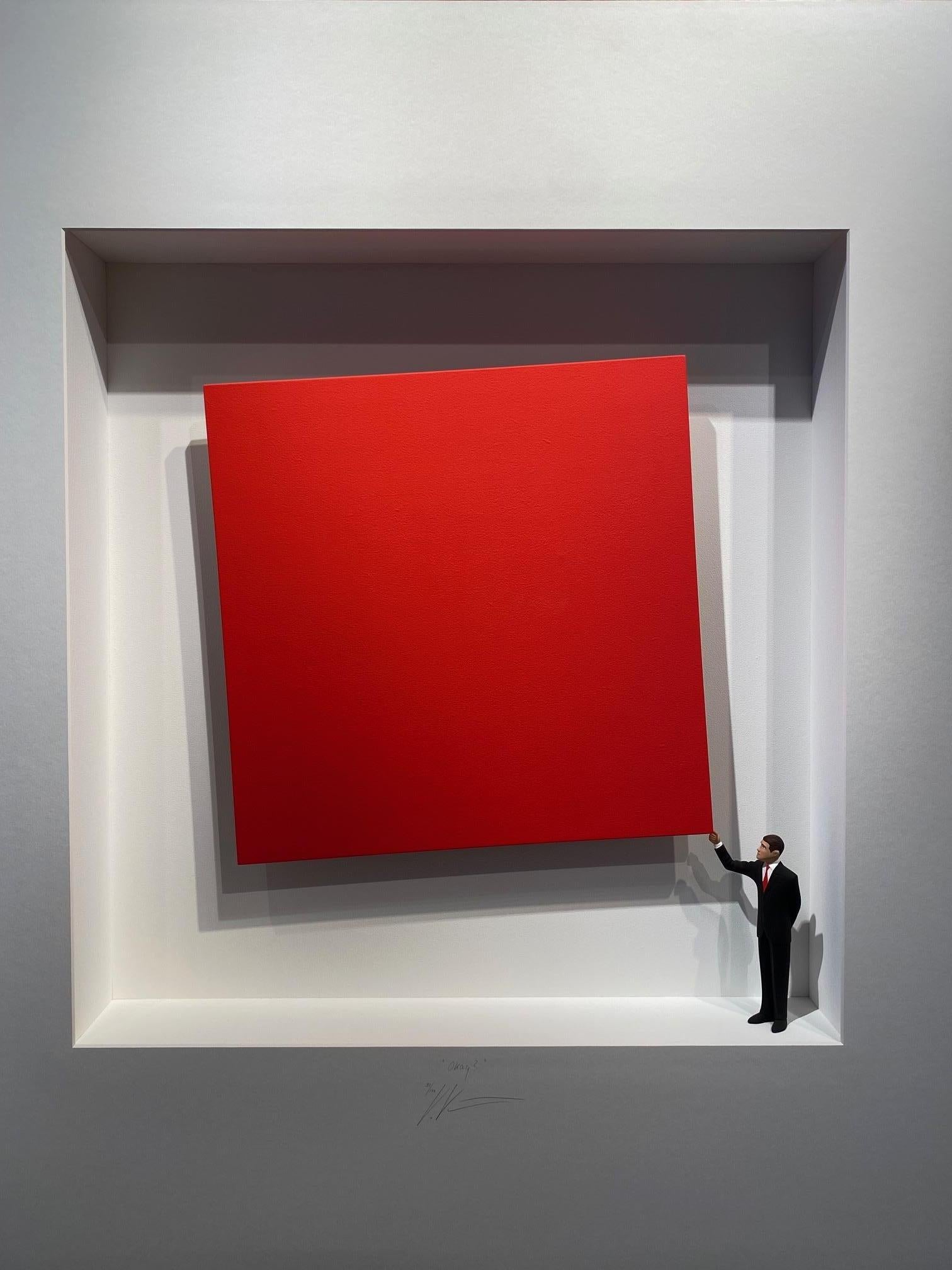 Okay? - mixed media art work, contemporary, minimalist red square constructivist