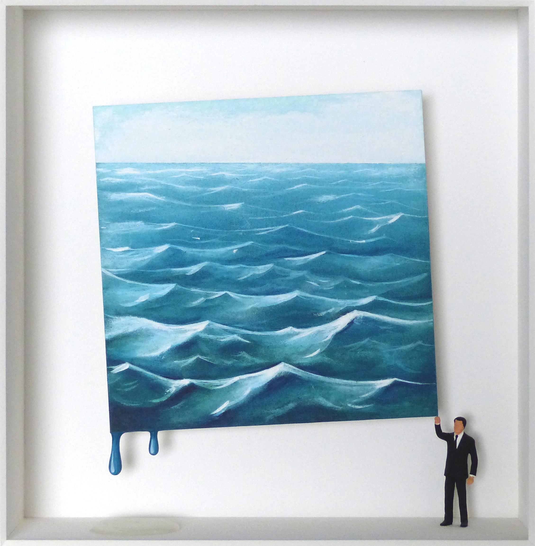 "The Roaring Waves" is an original mixed media artwork by Volker Kuhn with a surrealist touch. The work is hand-signed by the artist below the artwork on the mat. 51 x 49 cm framed in a silver wood-framing with simple hanging mechanism on back. 