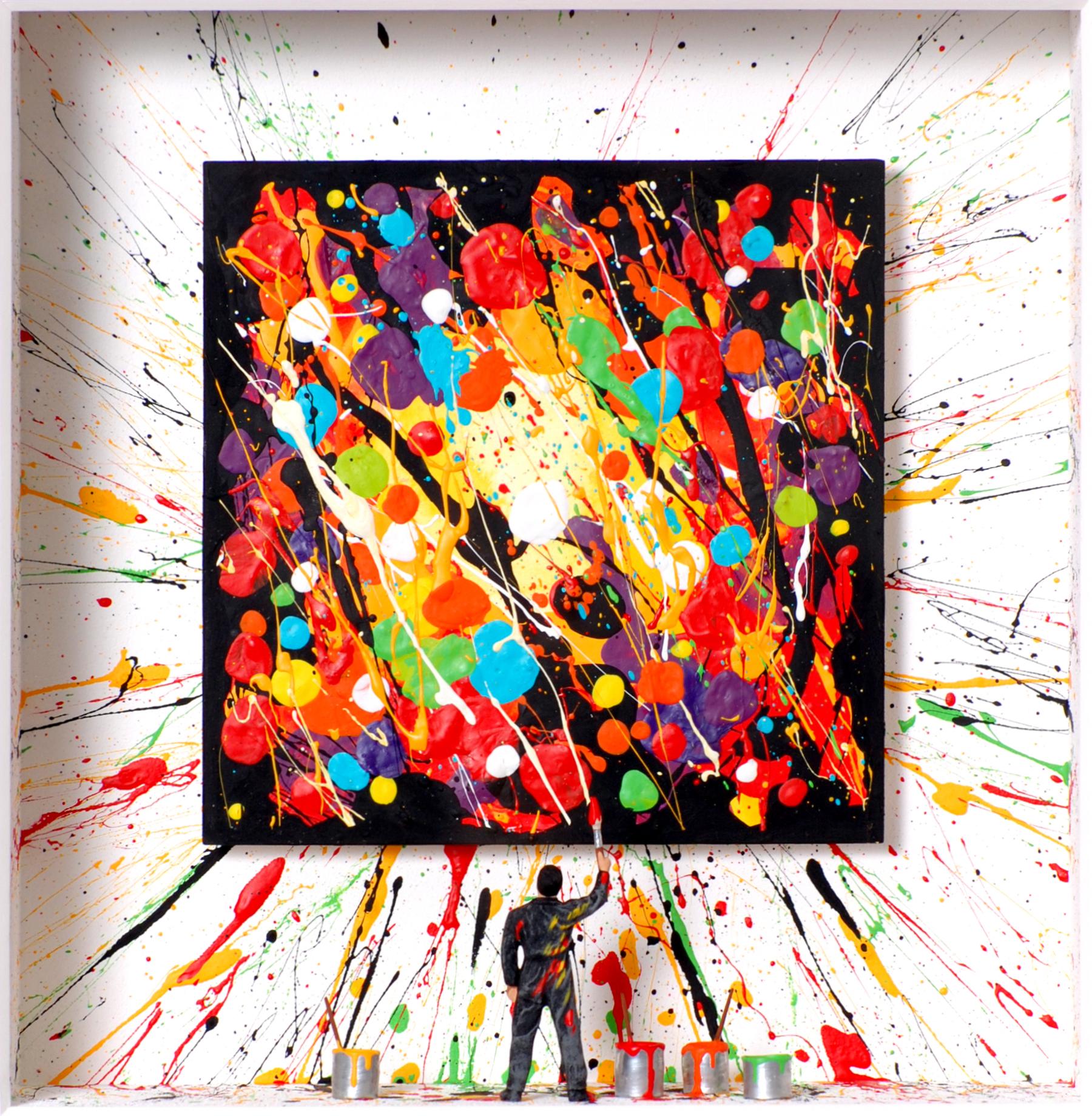 "Splash of Color" ist ein Original-Mischtechnik-Kunstwerk von Volker Kuhn. Das Werk ist vom Künstler unterhalb des Bildes auf dem Passepartout handsigniert. 51 x 49 cm, gerahmt in einem silbernen Holzrahmen mit einfacher Aufhängung auf der