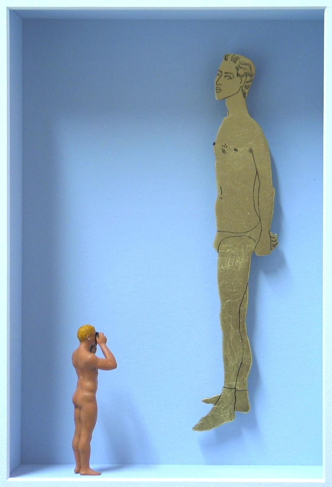 "The Golden Boy - Hommage an Andy Warhol" ist ein Original-Mixed-Media-Kunstwerk von Volker Kuhn. Das Werk ist vom Künstler unterhalb des Bildes auf dem Passepartout handsigniert. 57 x 51 cm, gerahmt in einem silbernen Holzrahmen mit einfacher