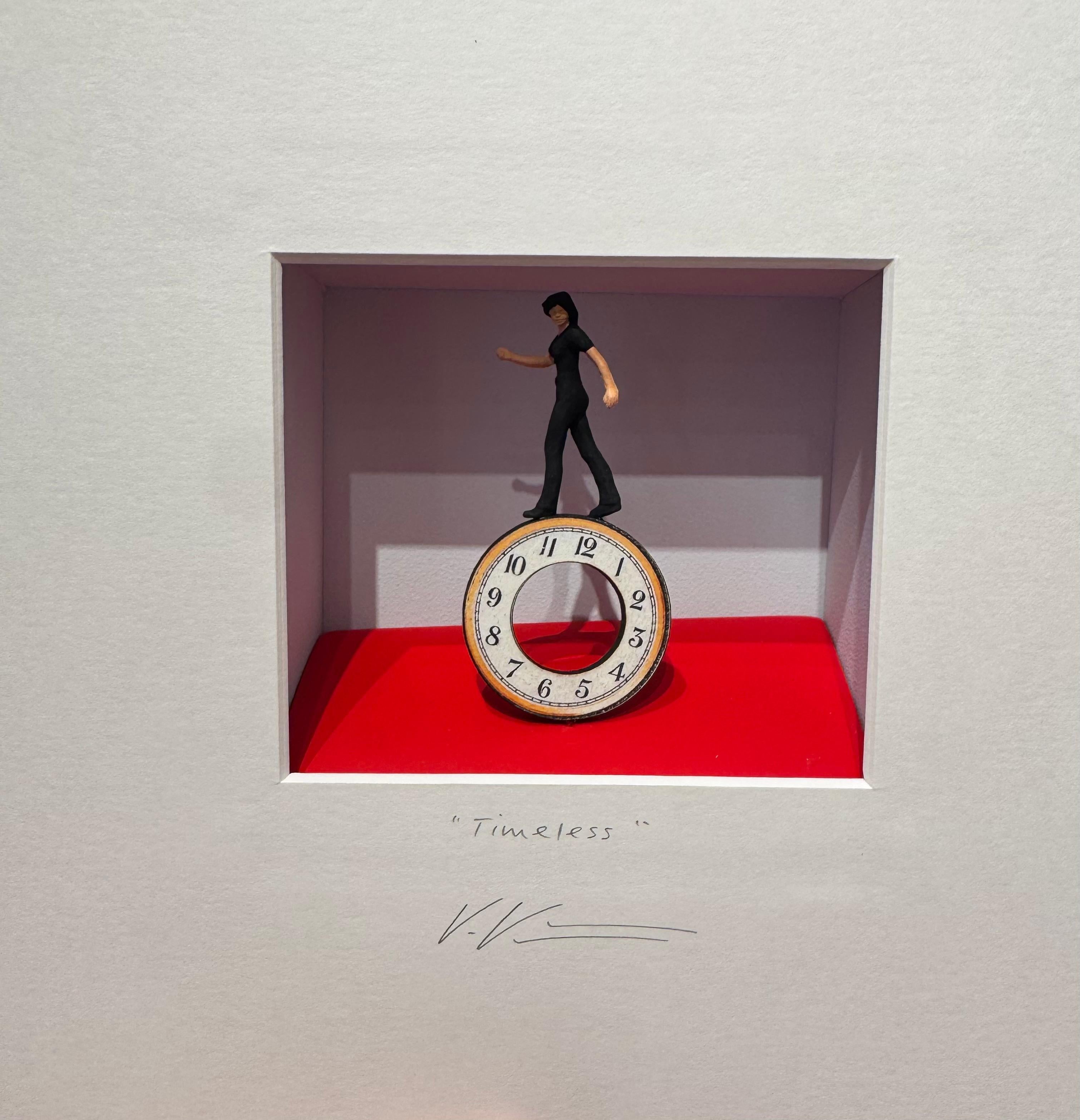 "Atemporal" es una obra de arte original en técnica mixta de Volker Kuhn. La obra está firmada a mano por el artista debajo de la obra en el paspartú. Se trata de una obra filosófica y minimalista formada como un ensamblaje hecho a mano, esculpido y