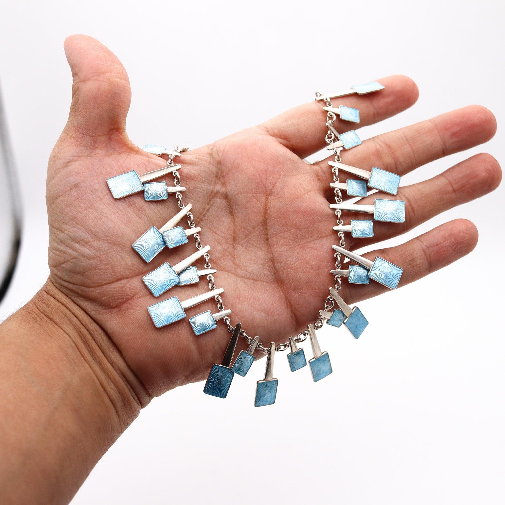 VOLMER BAHNER 1970 Denmark Blue Enameled Modernist Necklace In .925 Sterling For Sale 7