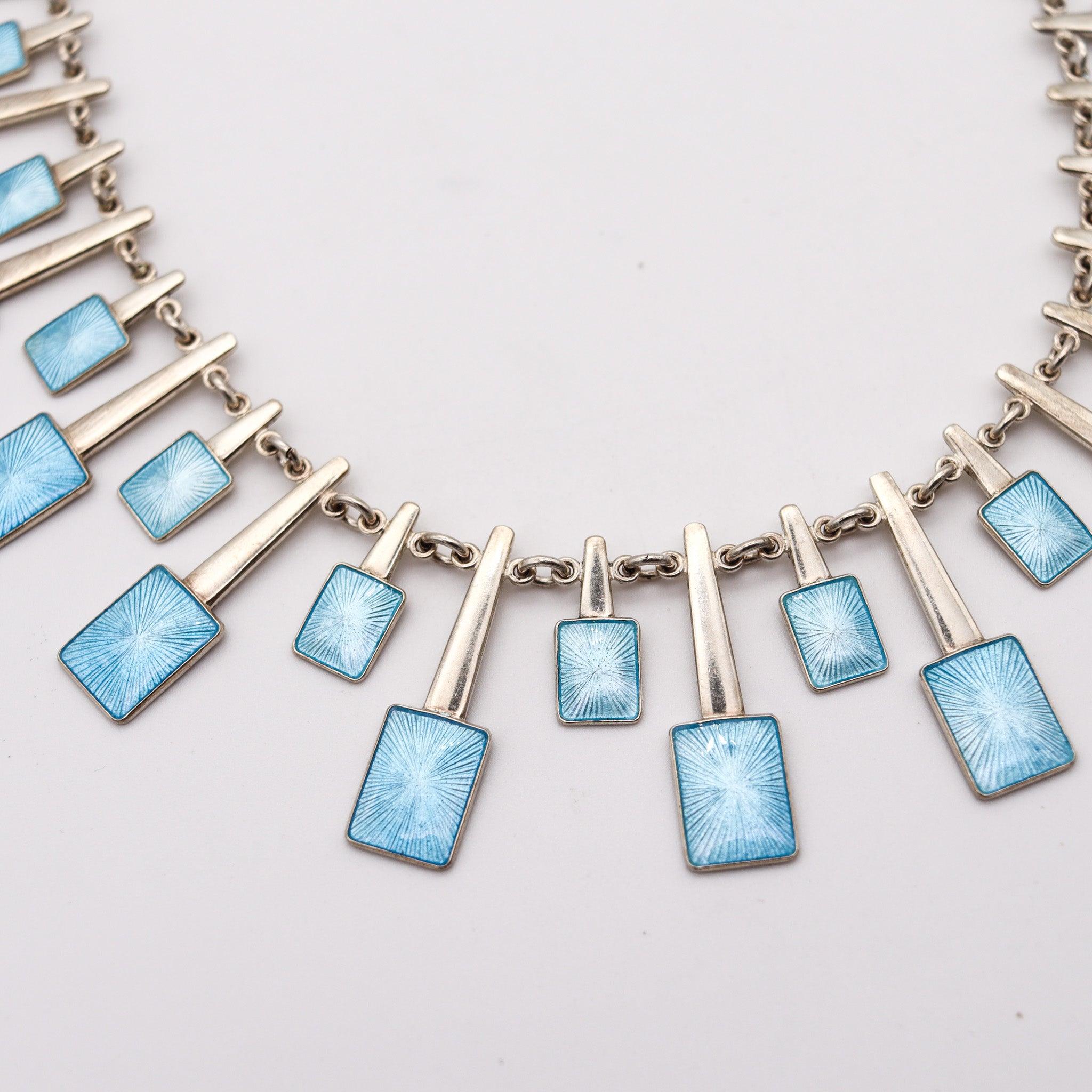 Women's VOLMER BAHNER 1970 Denmark Blue Enameled Modernist Necklace In .925 Sterling For Sale