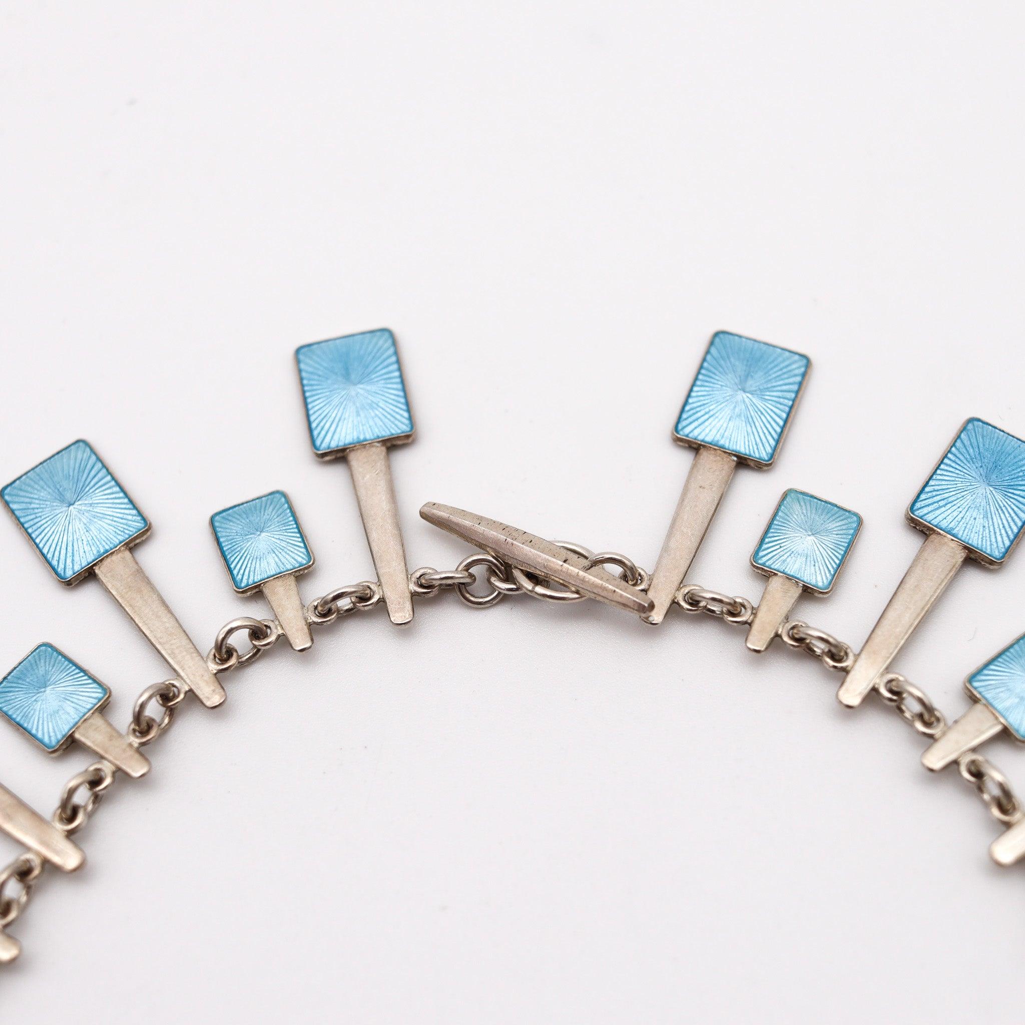 VOLMER BAHNER 1970 Denmark Blue Enameled Modernist Necklace In .925 Sterling For Sale 1