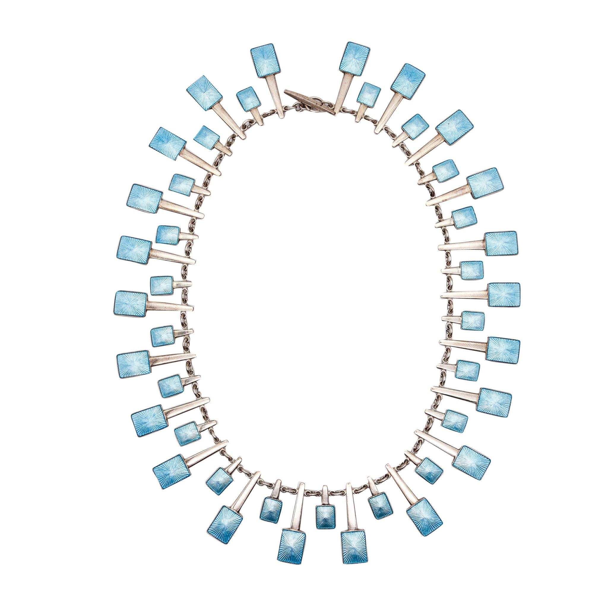 VOLMER BAHNER 1970 Denmark Blue Enameled Modernist Necklace In .925 Sterling For Sale 4