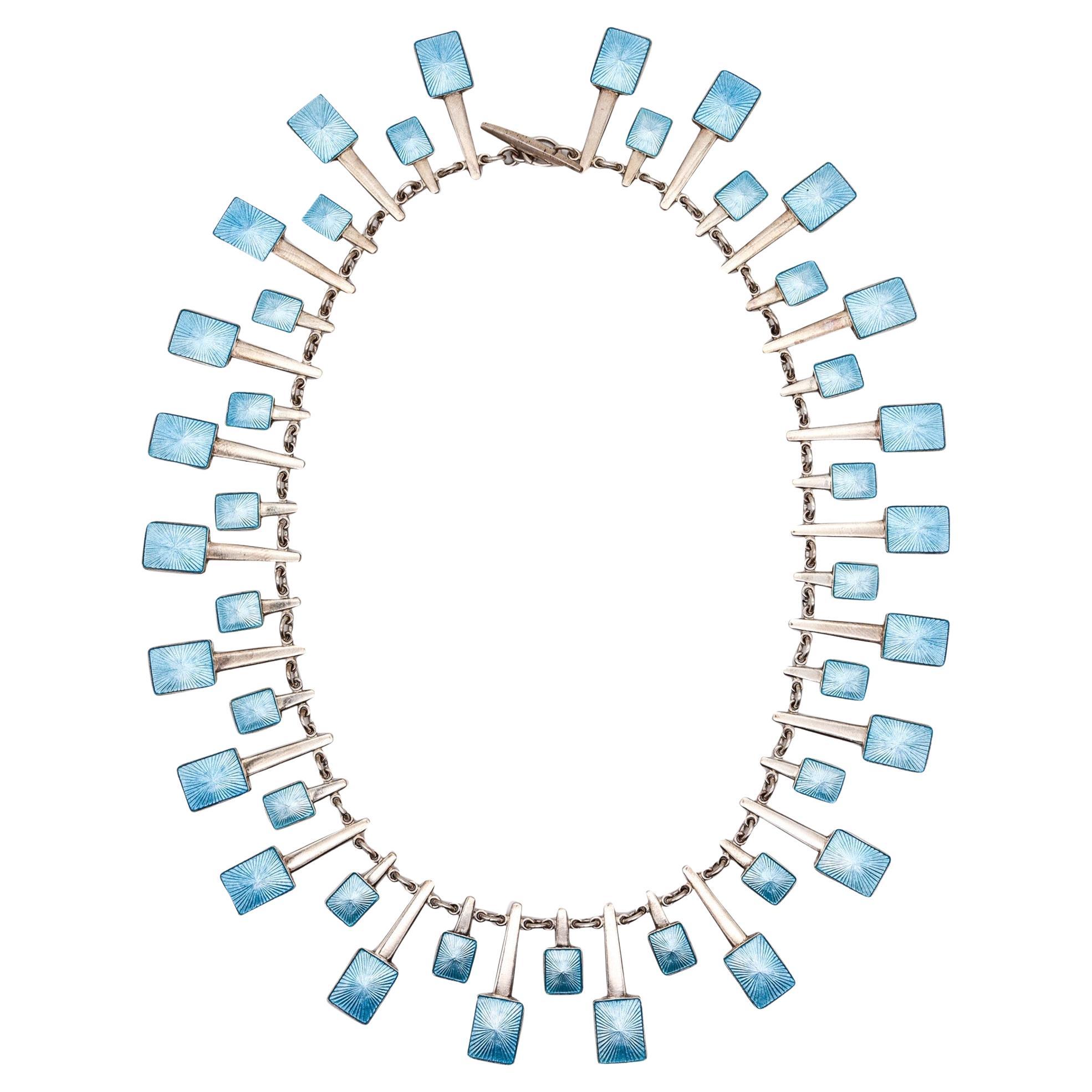 VOLMER BAHNER 1970 Denmark Blue Enameled Modernist Necklace In .925 Sterling For Sale