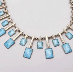 Volmer Bahner Danish Modernist Sterling Silver Blue Guilloche Enamel Necklace