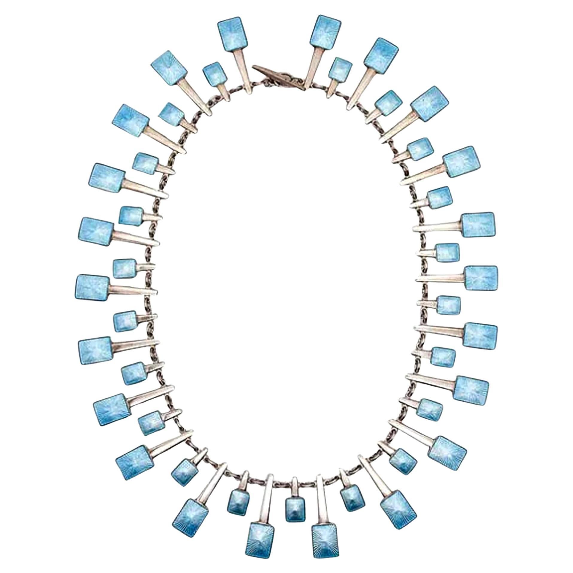 Volmer Bahner Danish Modernist Sterling Silver Blue Guilloche Enamel Necklace For Sale