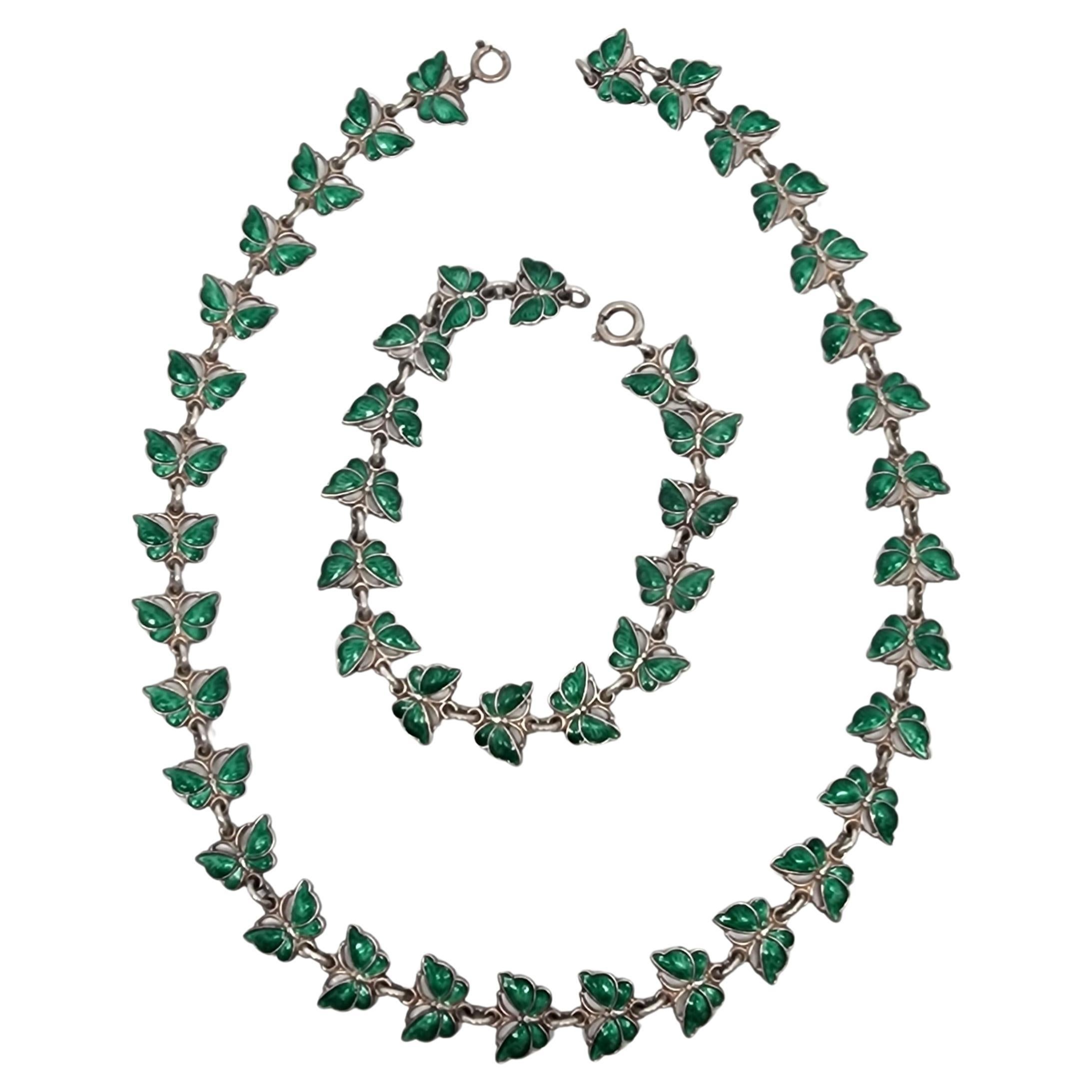 Volmer Bahner Sterling Silver Green Enamel Butterfly Necklace & Bracelet #16436