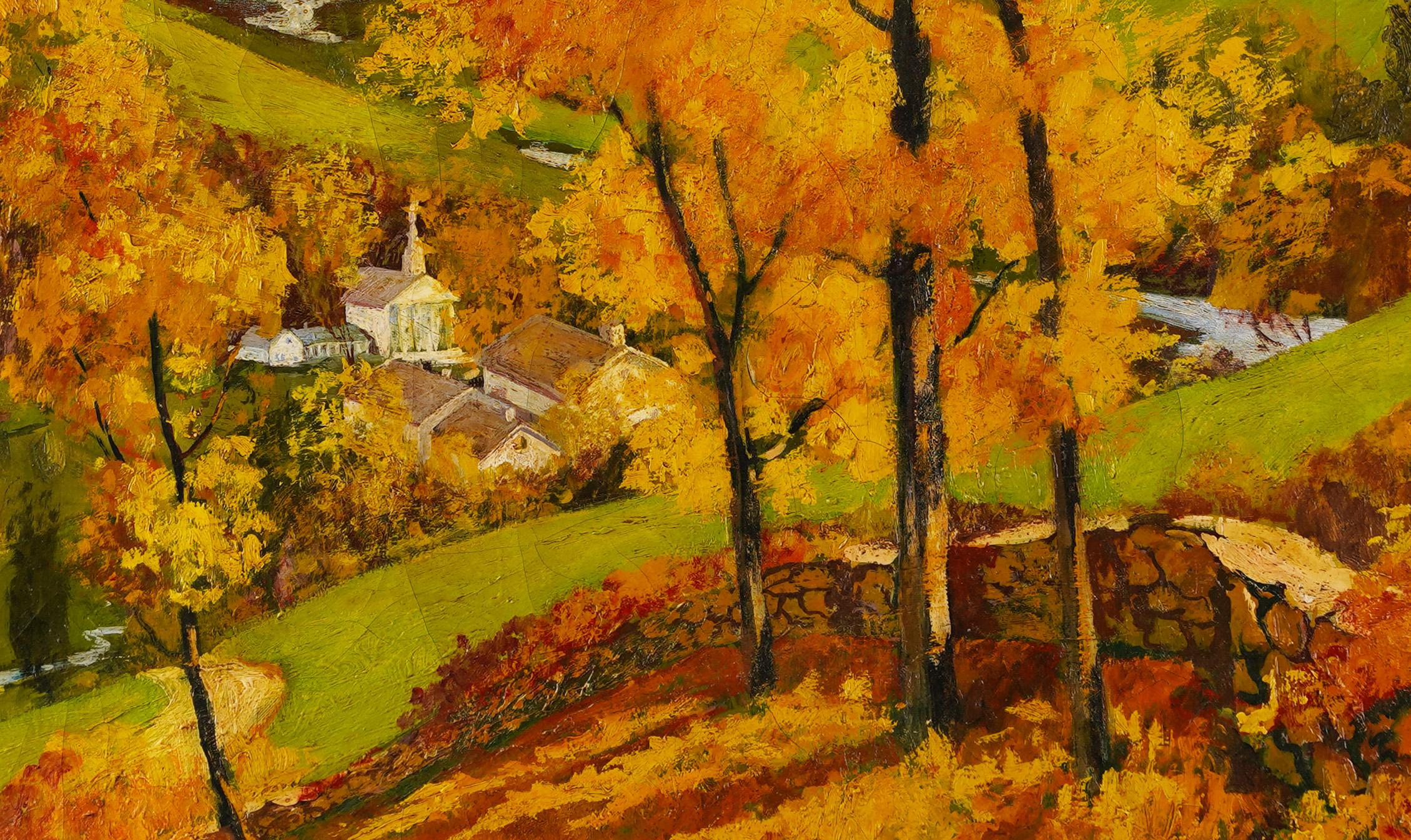 Antique American Regionalist Huge Impressionist Fall Landscape Framed Painting - Brown Landscape Painting by Volney Allan Richardson