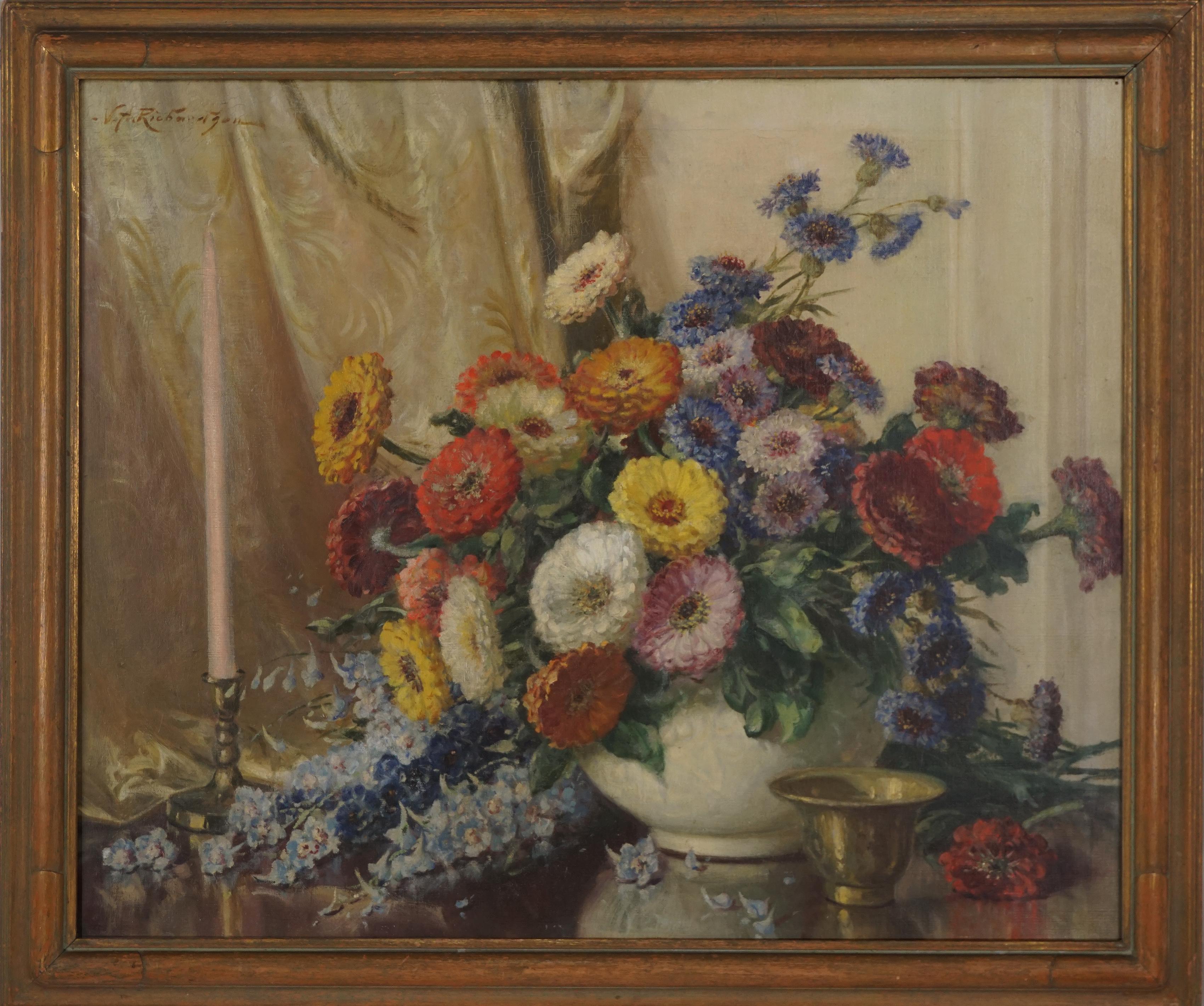 Nature morte florale d'été du début du 20e siècle - Zinnias, Delphiniums, fleurs de corne - Painting de Volney Richardson