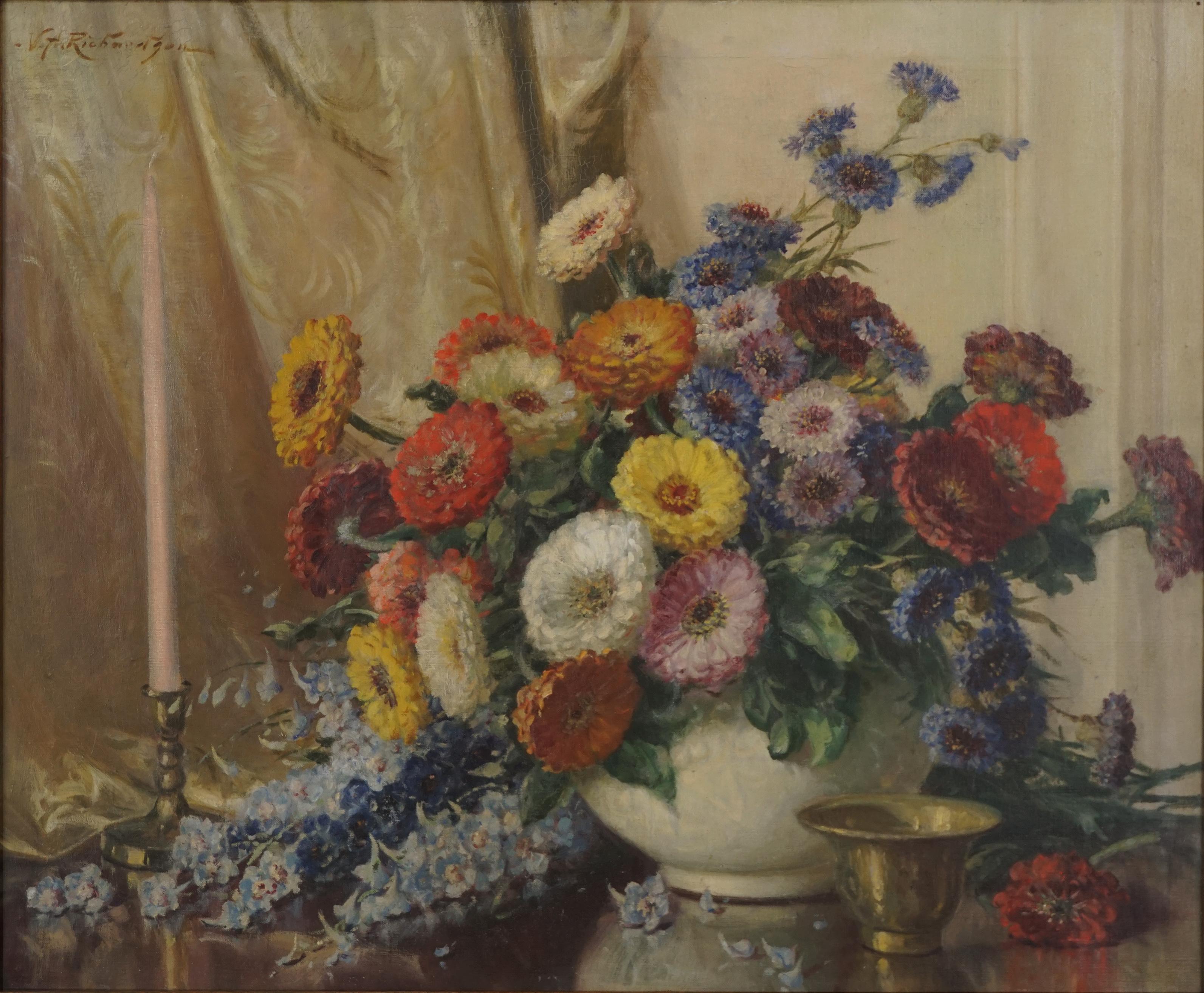 Nature morte florale d'été du début du 20e siècle - Zinnias, Delphiniums, fleurs de corne - Réalisme Painting par Volney Richardson