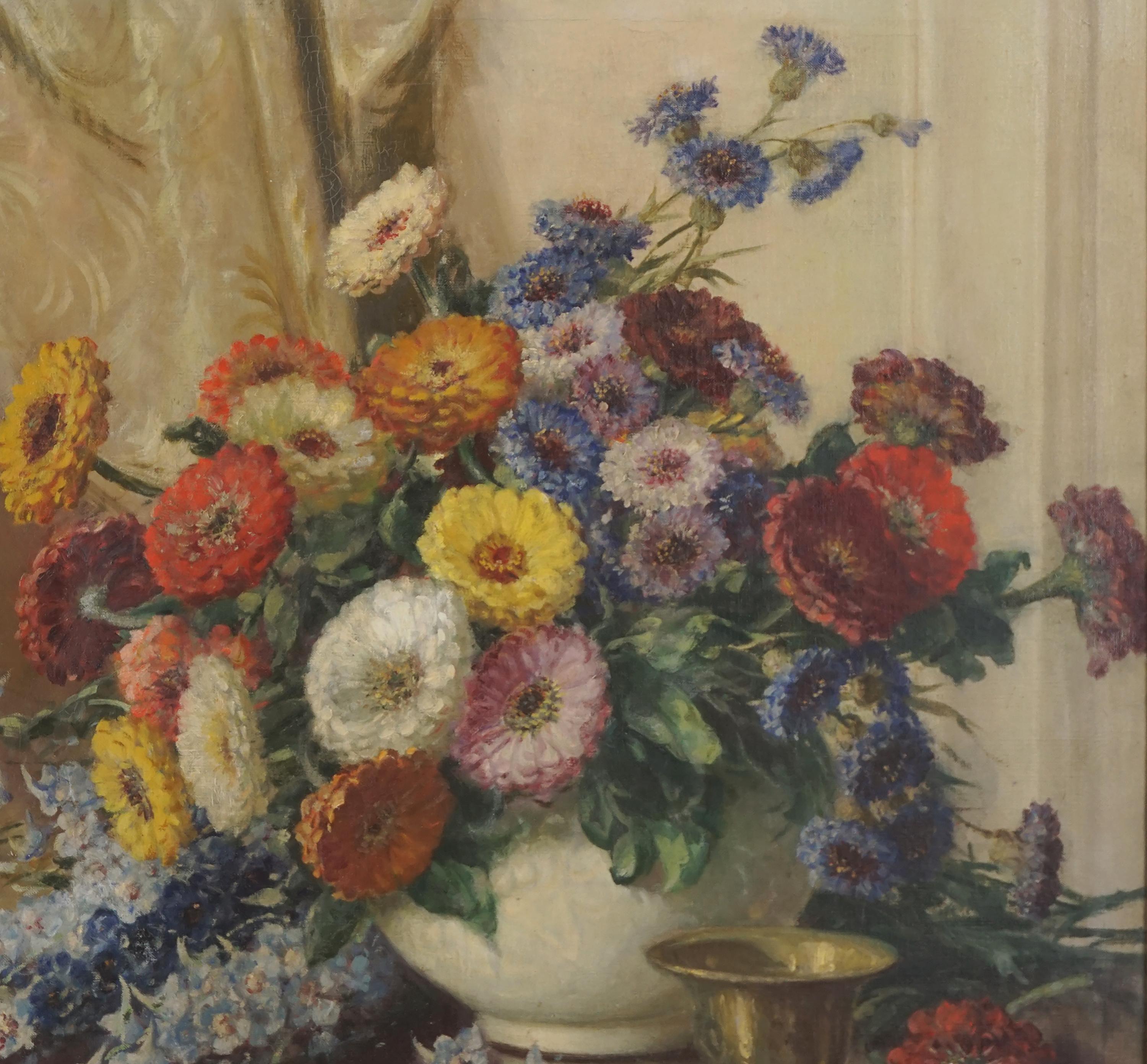 Nature morte florale d'été du début du 20e siècle - Zinnias, Delphiniums, fleurs de corne - Marron Still-Life Painting par Volney Richardson