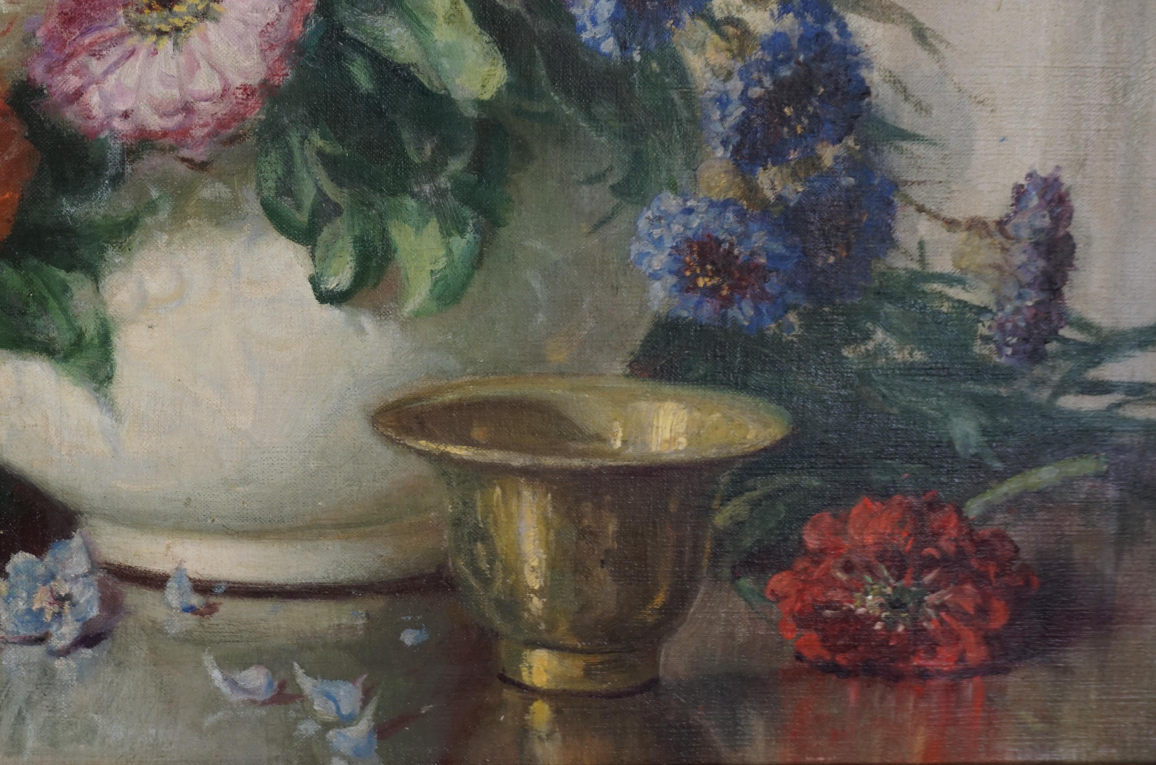 Early 20th Century Summer Floral Still Life - Zinnias, Delphiniums, Corn Flowers - Brown Still-Life Painting by Volney Richardson