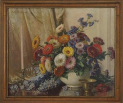 Vintage Early 20th Century Summer Floral Still Life - Zinnias, Delphiniums, Corn Flowers