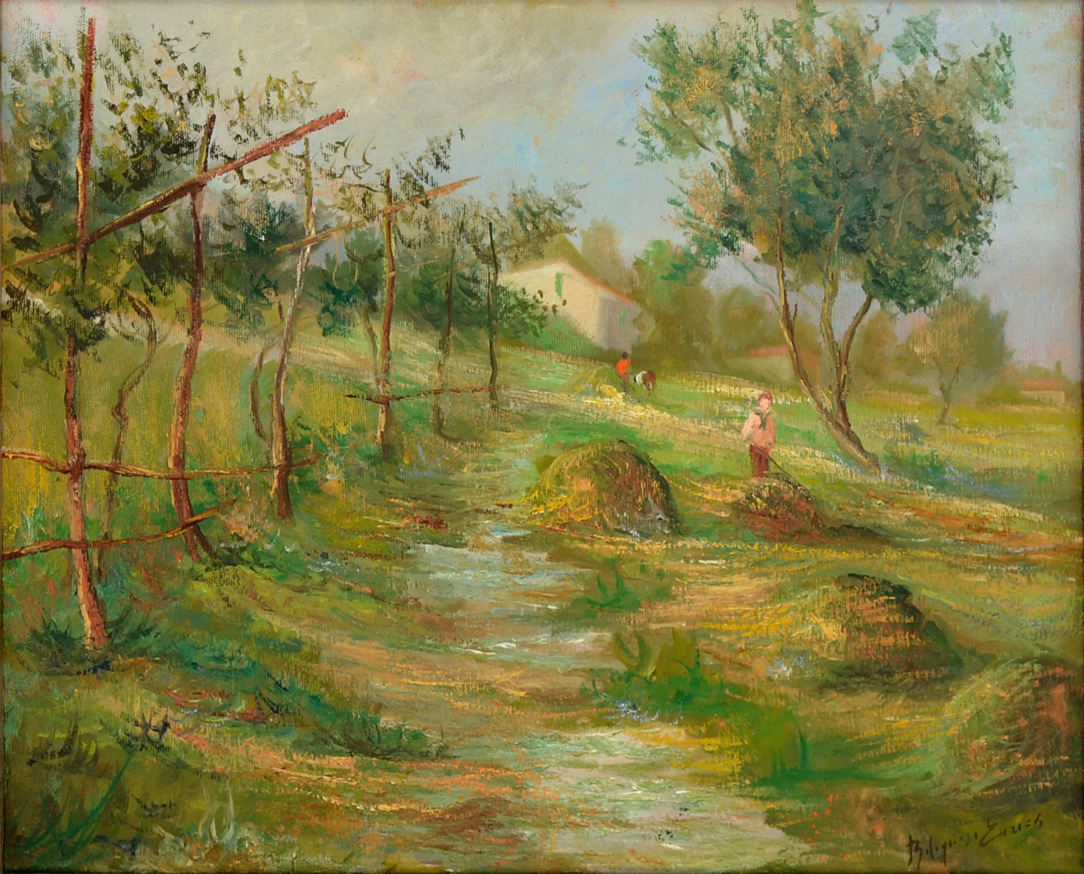 Preparare il fieno - Paesaggio figurativo della Russian School di metà secolo - Painting di Volodymyr Erlich
