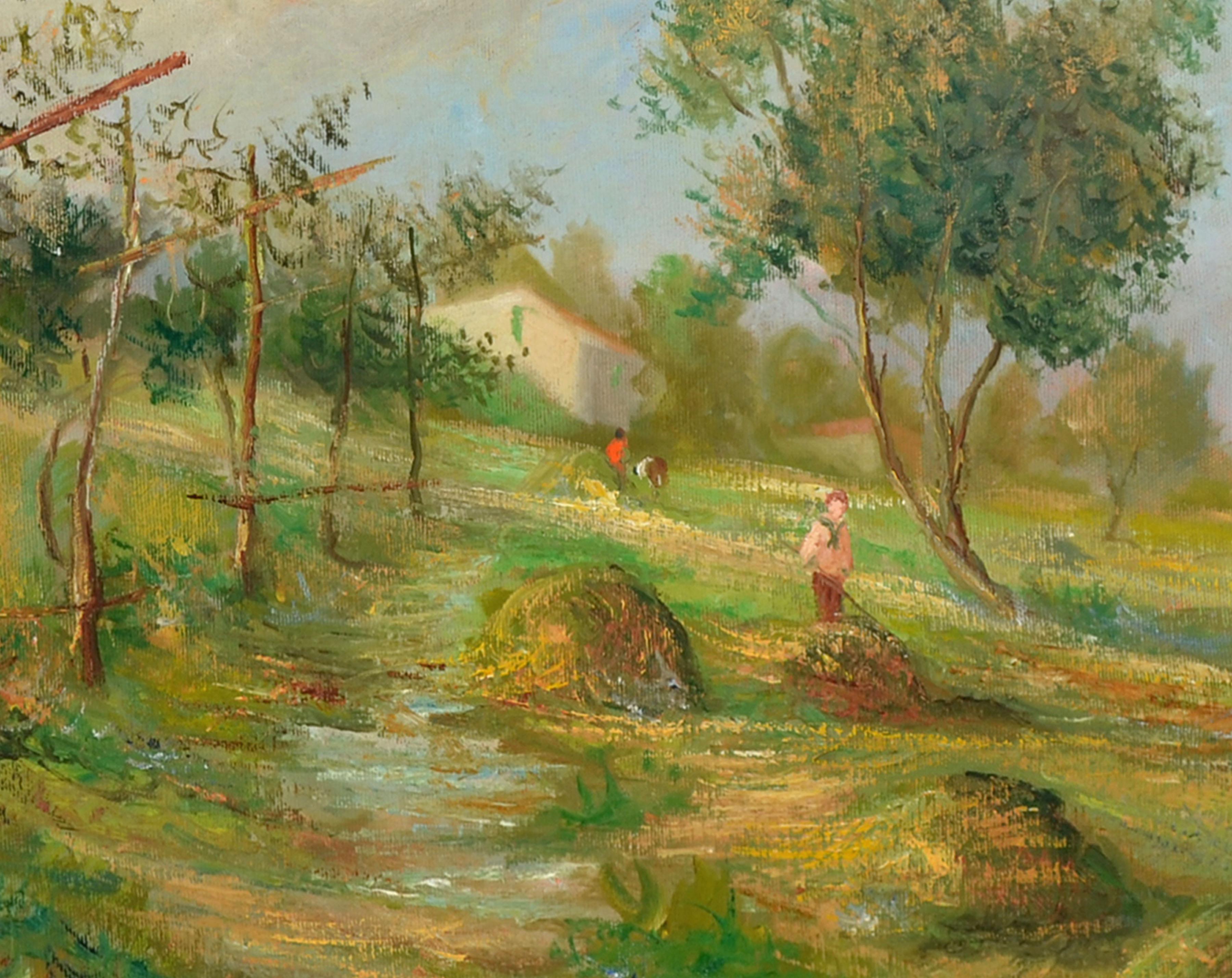 Preparare il fieno - Paesaggio figurativo della Russian School di metà secolo - Painting Romantico di Volodymyr Erlich