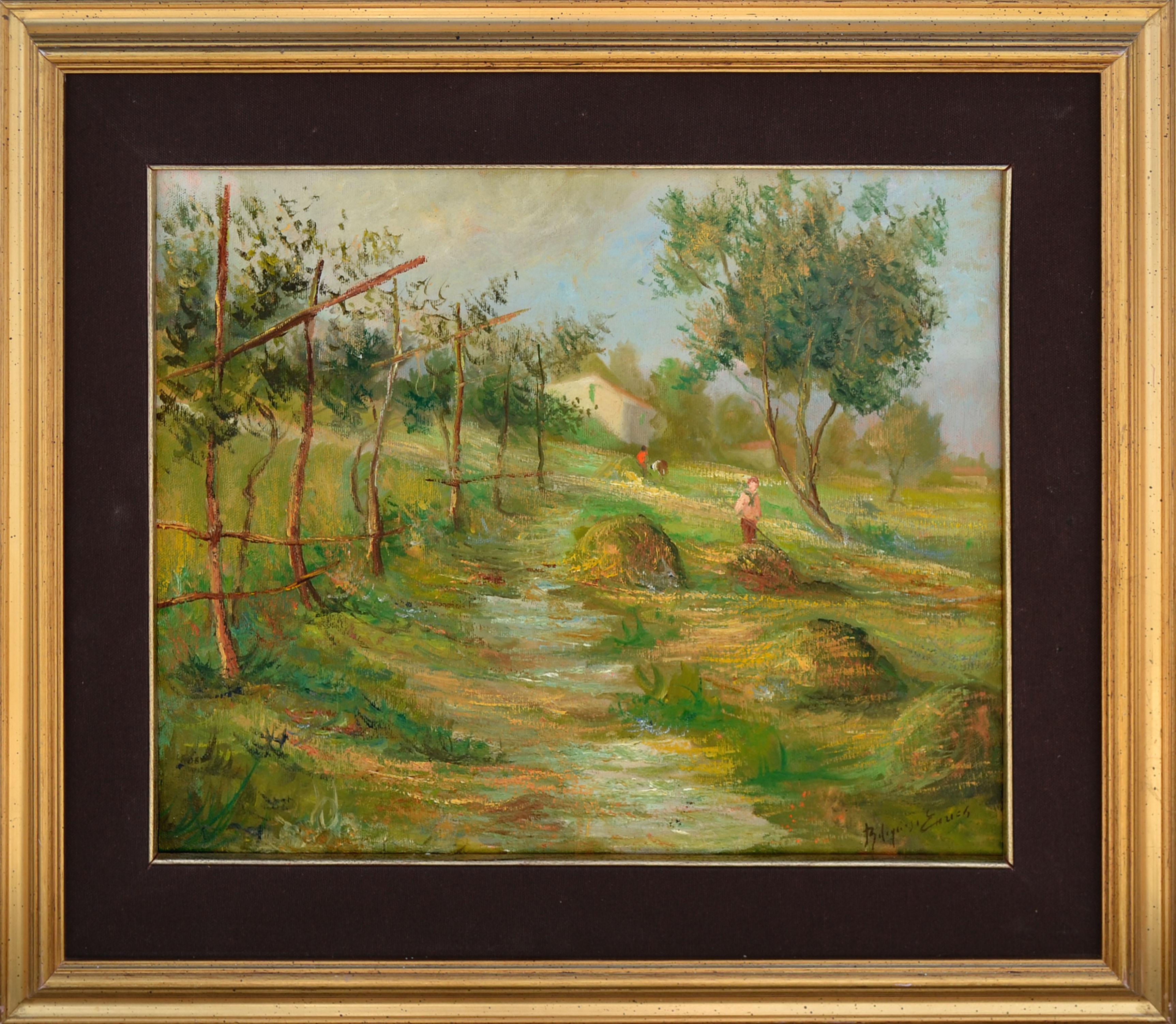 Figurative Painting di Volodymyr Erlich - Preparare il fieno - Paesaggio figurativo della Russian School di metà secolo
