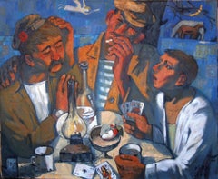 Festive Evening - Oil Figurative Painting Colors Brown Blue White Grey