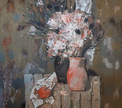 Flowers - Oil Still Life Painting Colors Brown Blue White Grey Red Yellow