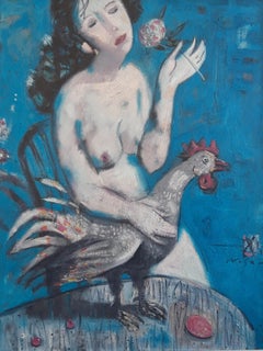 Girl with a Rooster - Oil Figurative Painting Colors Brown Blue White Grey