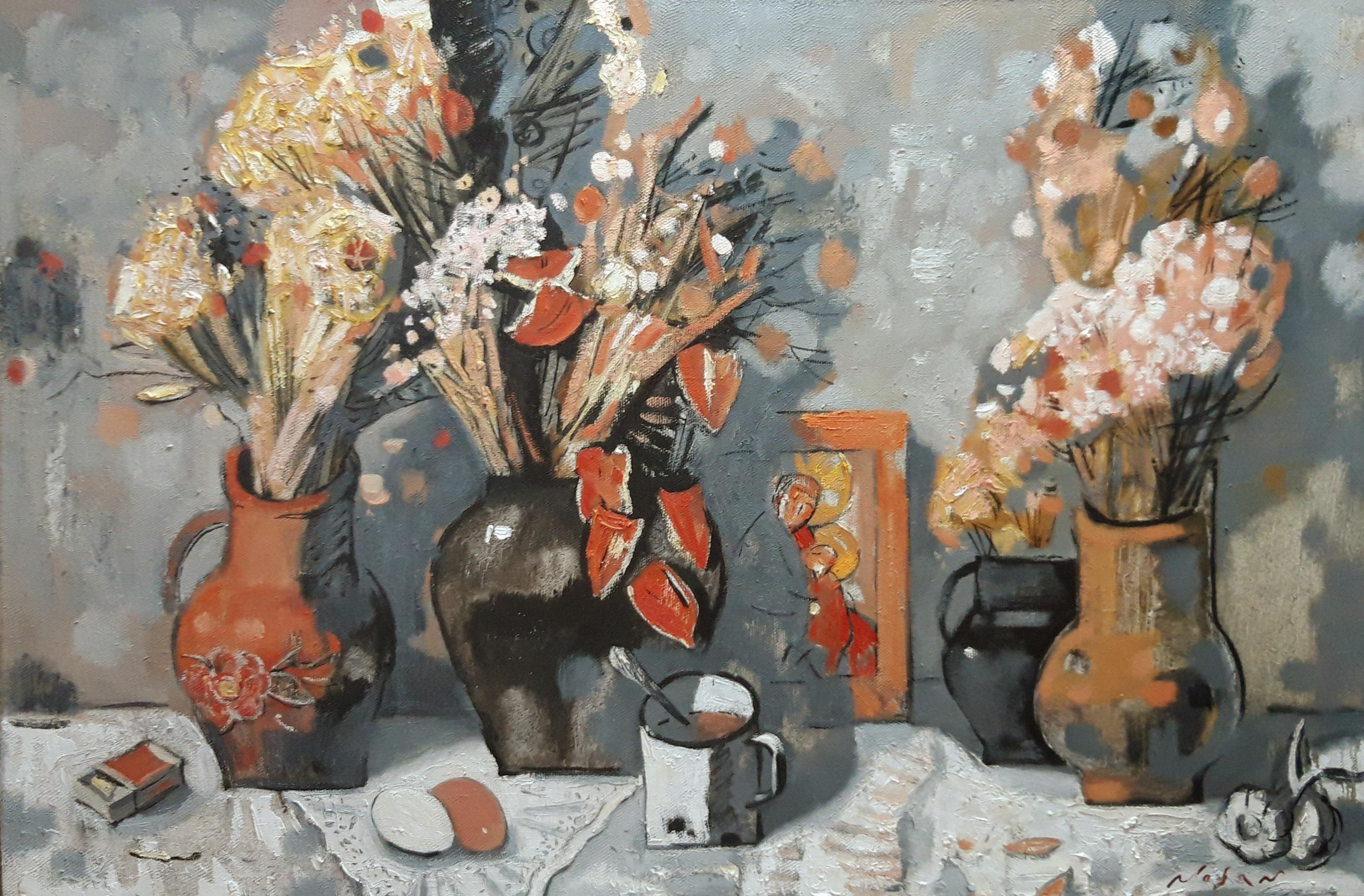 Still-Life Painting de Volodymyr Nosan - Naturaleza muerta - Pintura al óleo Colores Marrón Azul Blanco Gris Rojo Amarillo