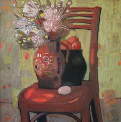 Still Life on a Chair - Oil Painting Colors Brown Blue White Grey Red Yellow