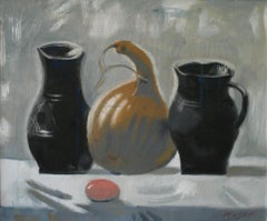 Still Life with a Pumpkin - Oil Painting Colors Brown Blue White Grey Red Yellow
