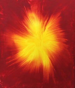 Abstract contemporary painting on canvas - yellow, red, 21st Century