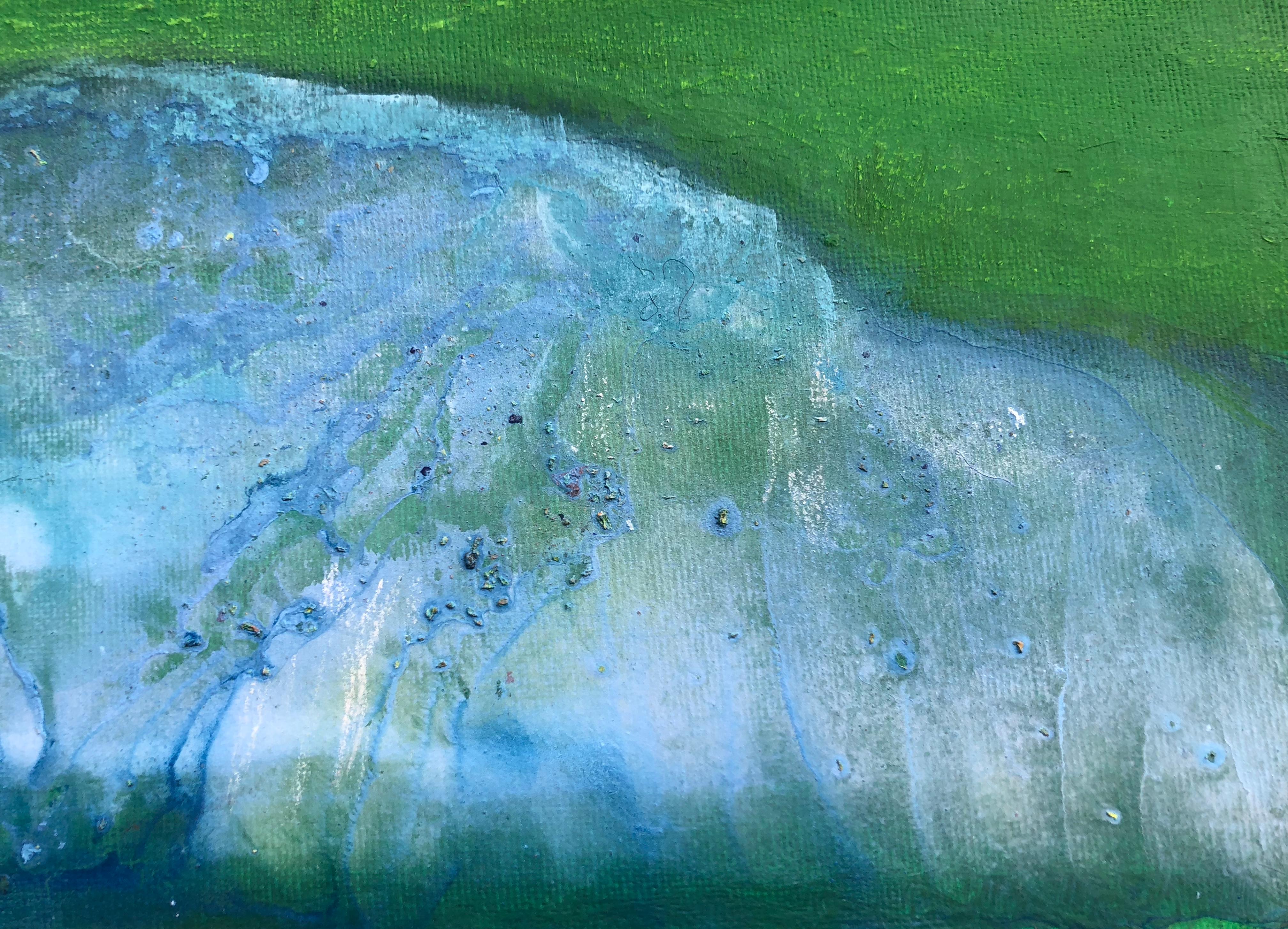Contemporary abstract landscape painting on canvas, green, white, blue 21st cent For Sale 2